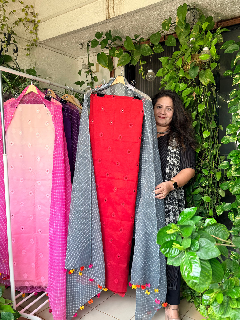 JacquardChanderi mirror work kurta with lehriya dupatta