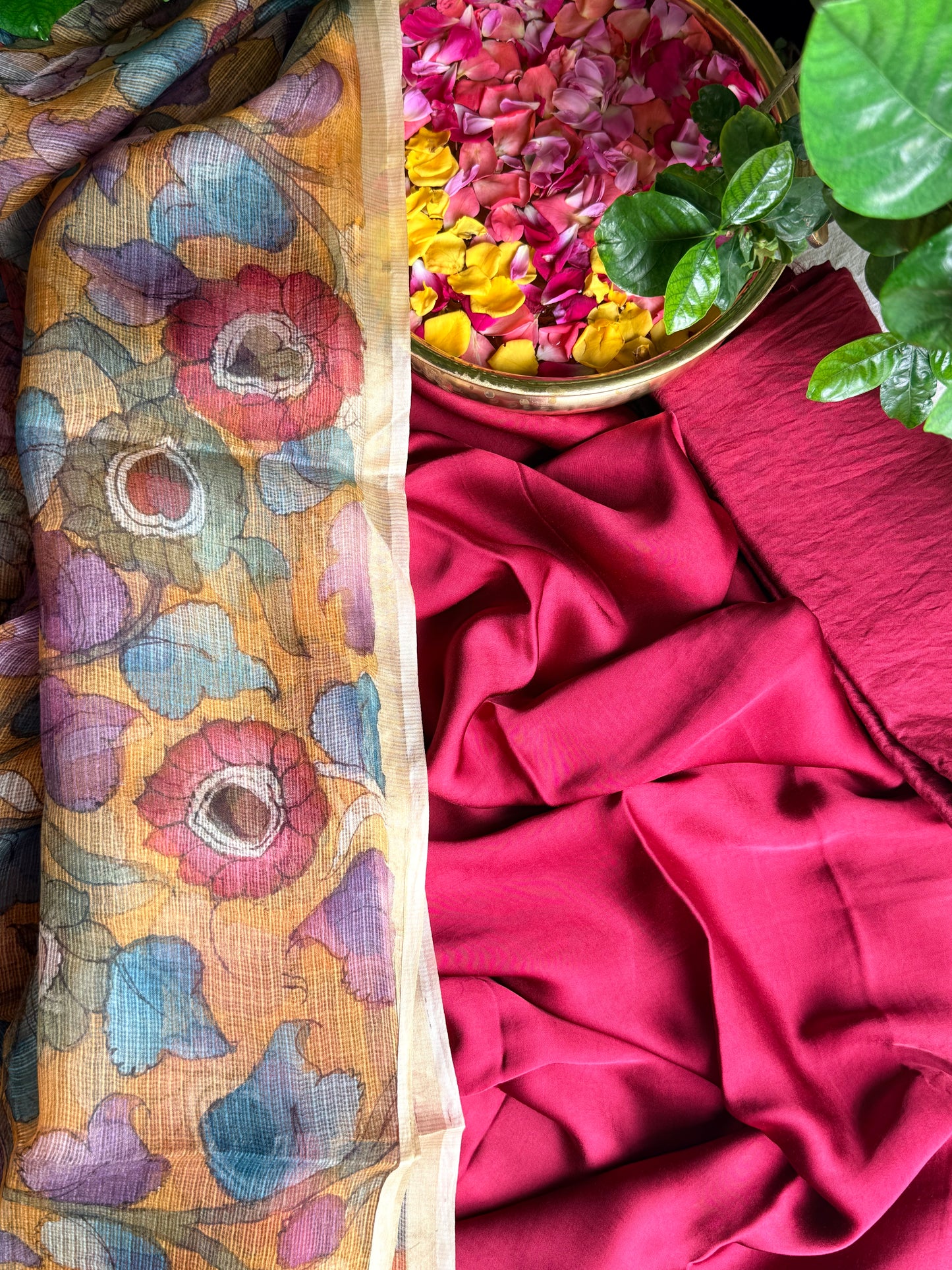 Gajji silk kurta with floral kalamkari dupatta