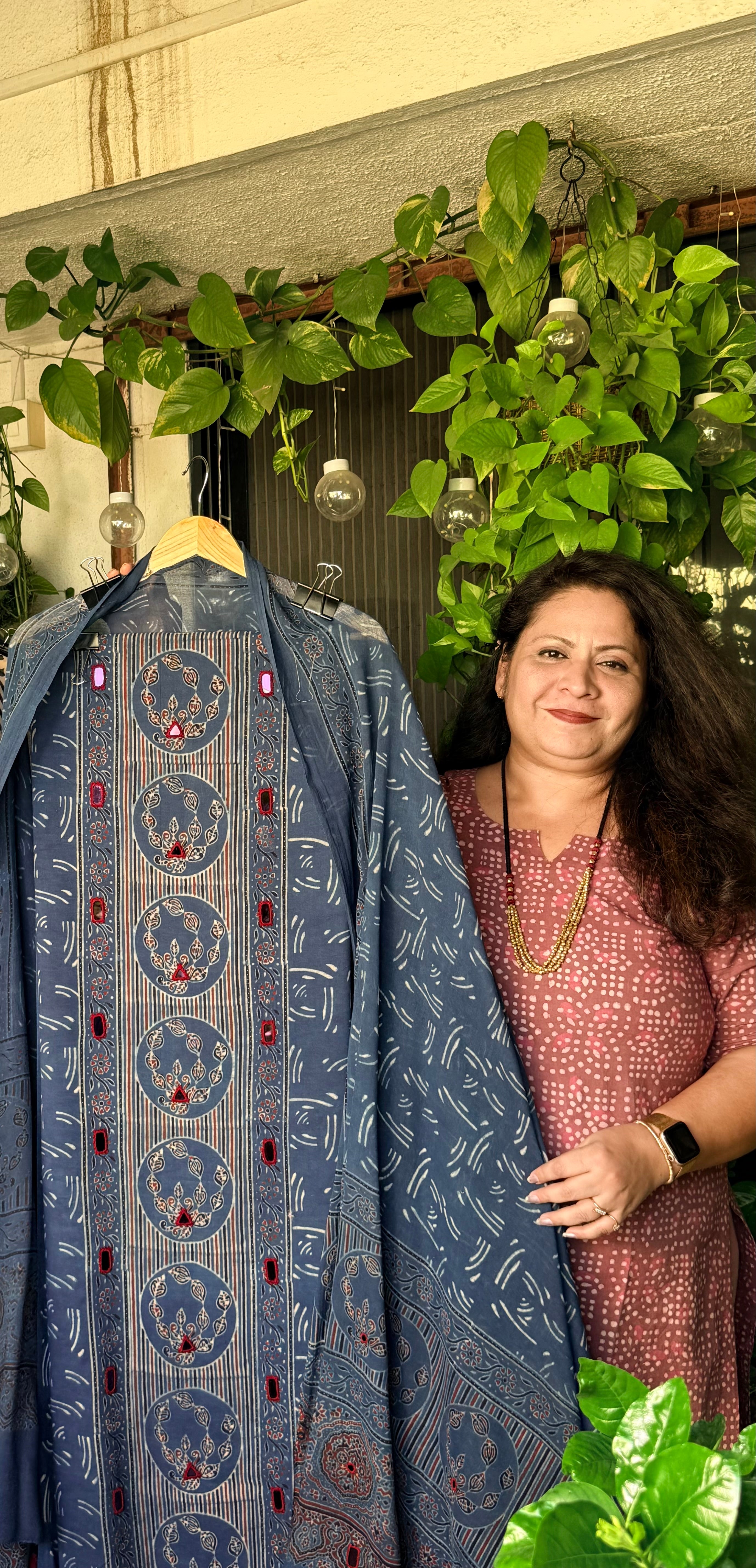 Pure cotton mirror work Ajrakh Indigo