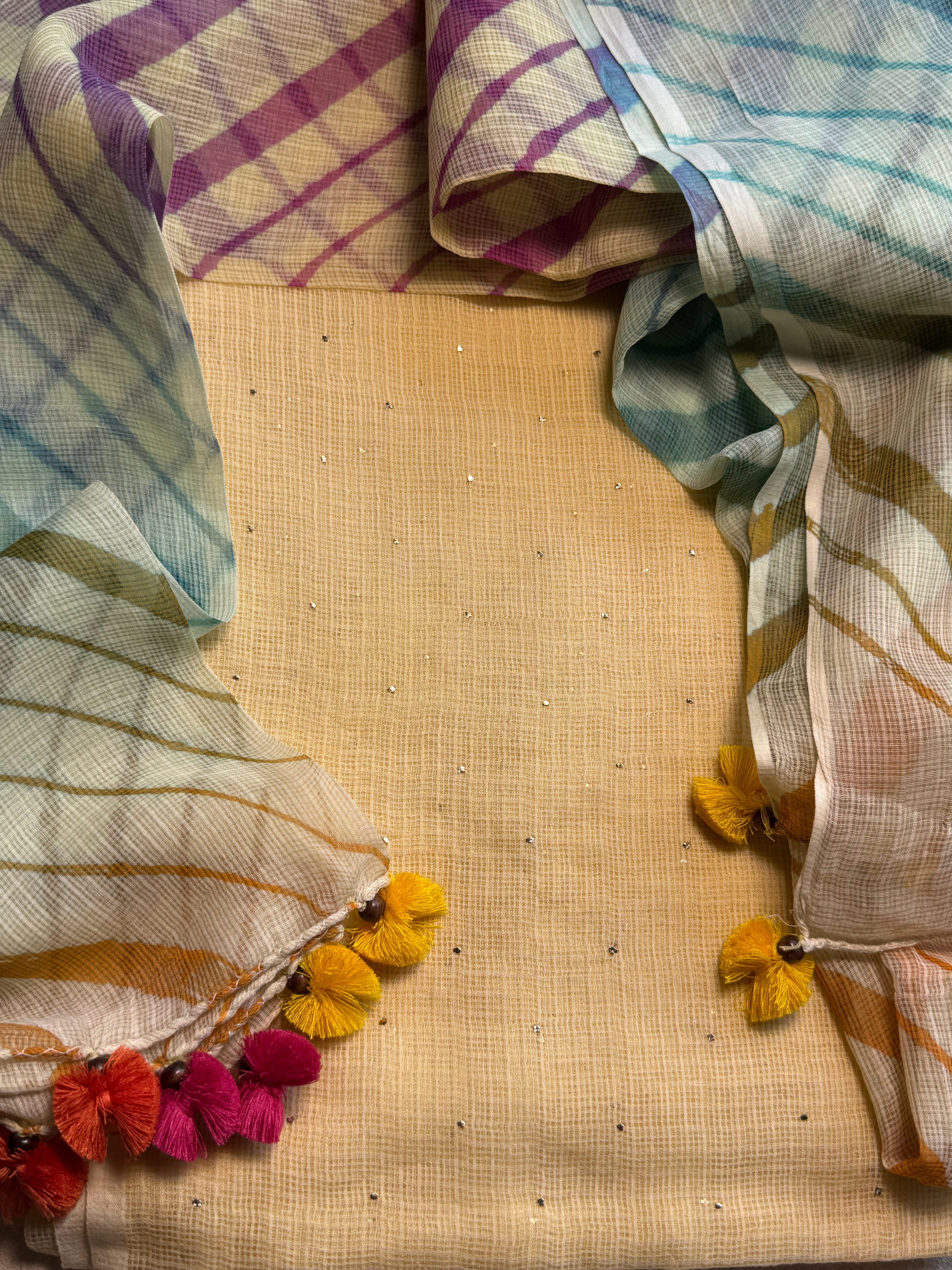 Pure kota Mukaish work kurta with kota dupatta- lemon yellow