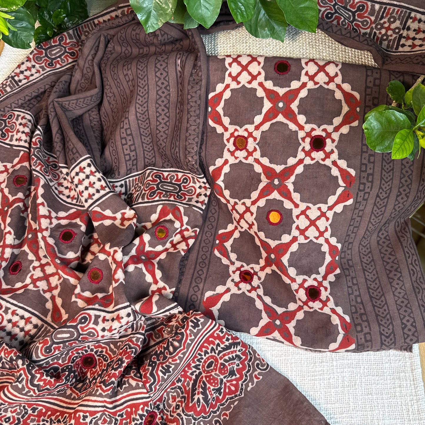 Pure cotton mirror work Ajrakh Brown