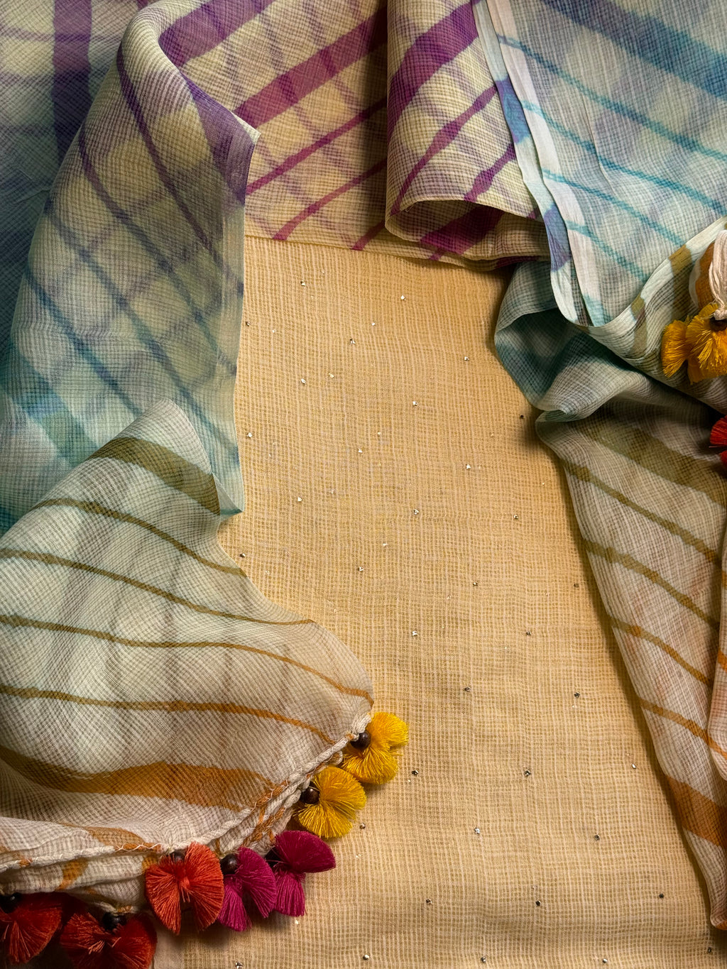 Pure kota Mukaish work kurta with kota dupatta- lemon yellow