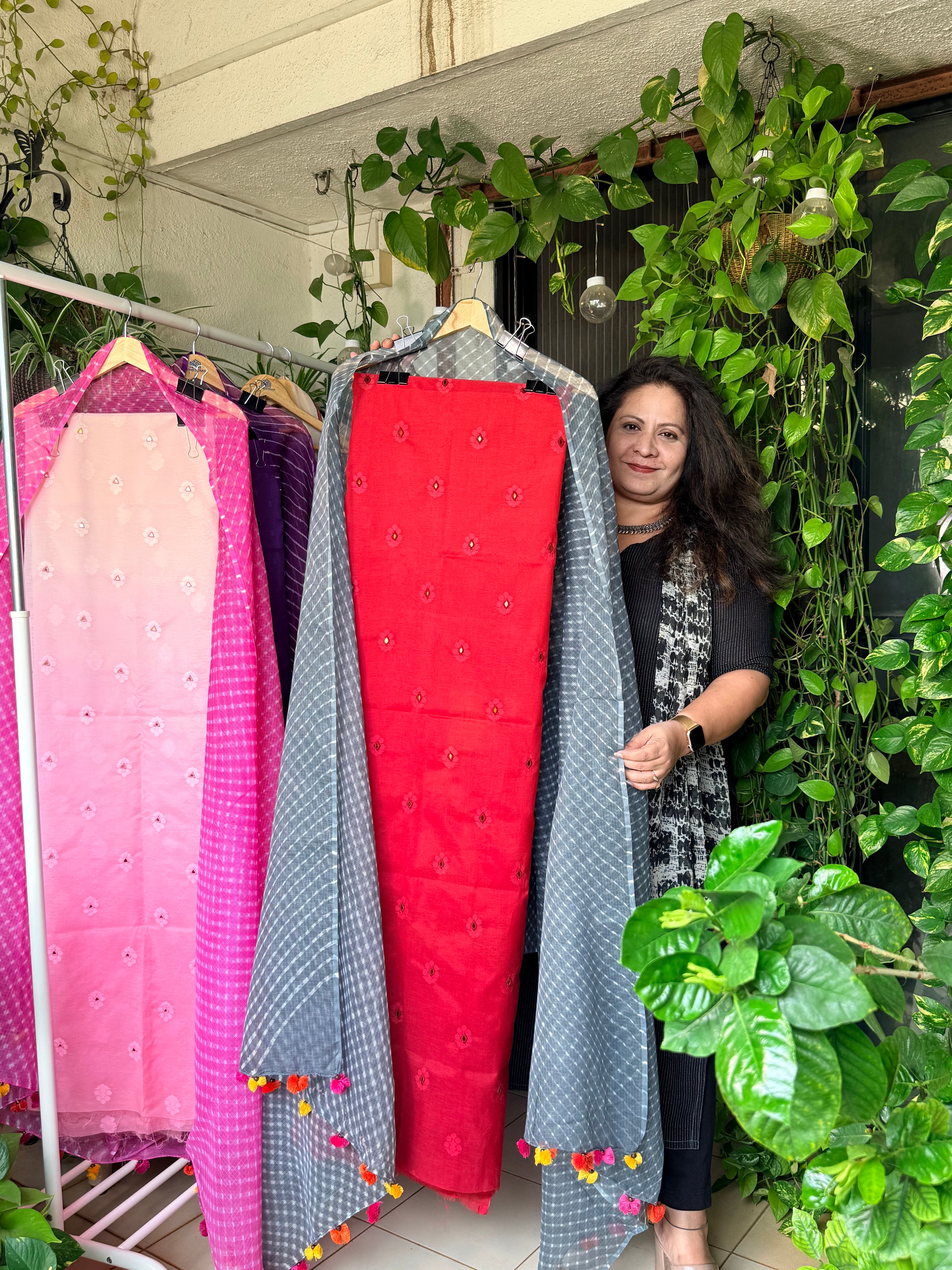 JacquardChanderi mirror work kurta with lehriya dupatta
