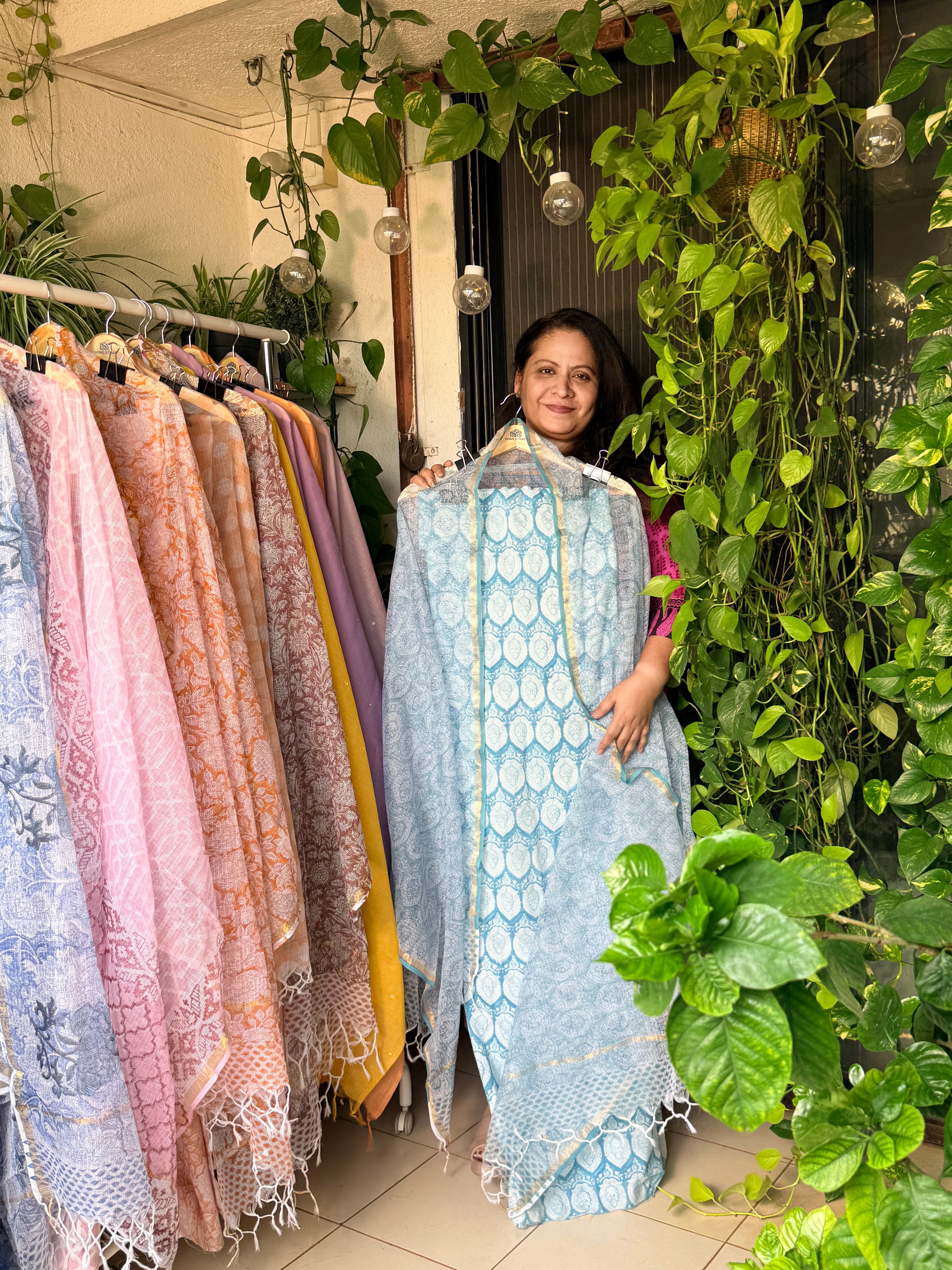 Blue leaf- Pure Taj cotton kurta with kota dupatta