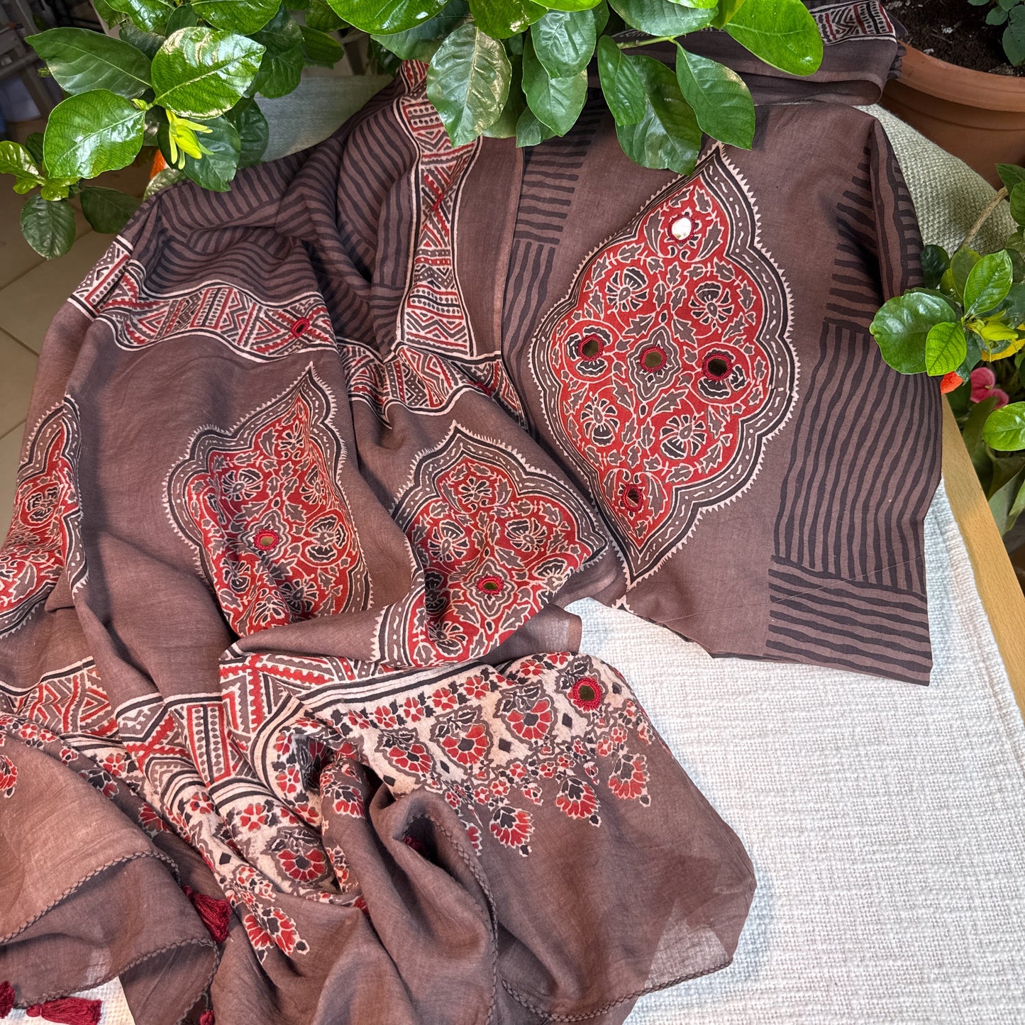 Pure cotton mirror work Ajrakh Brown