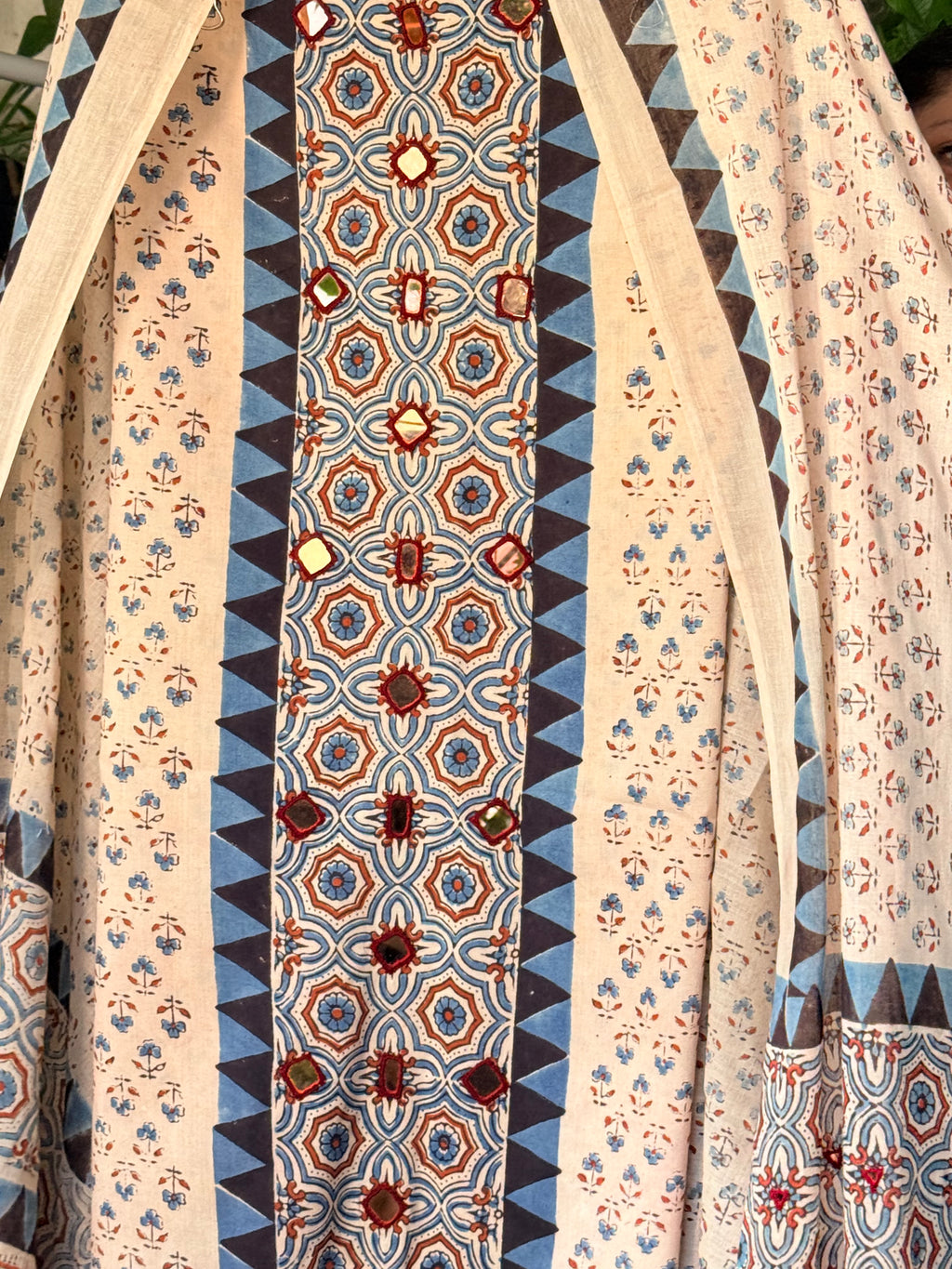Pure cotton mirror work Ajrakh Cream