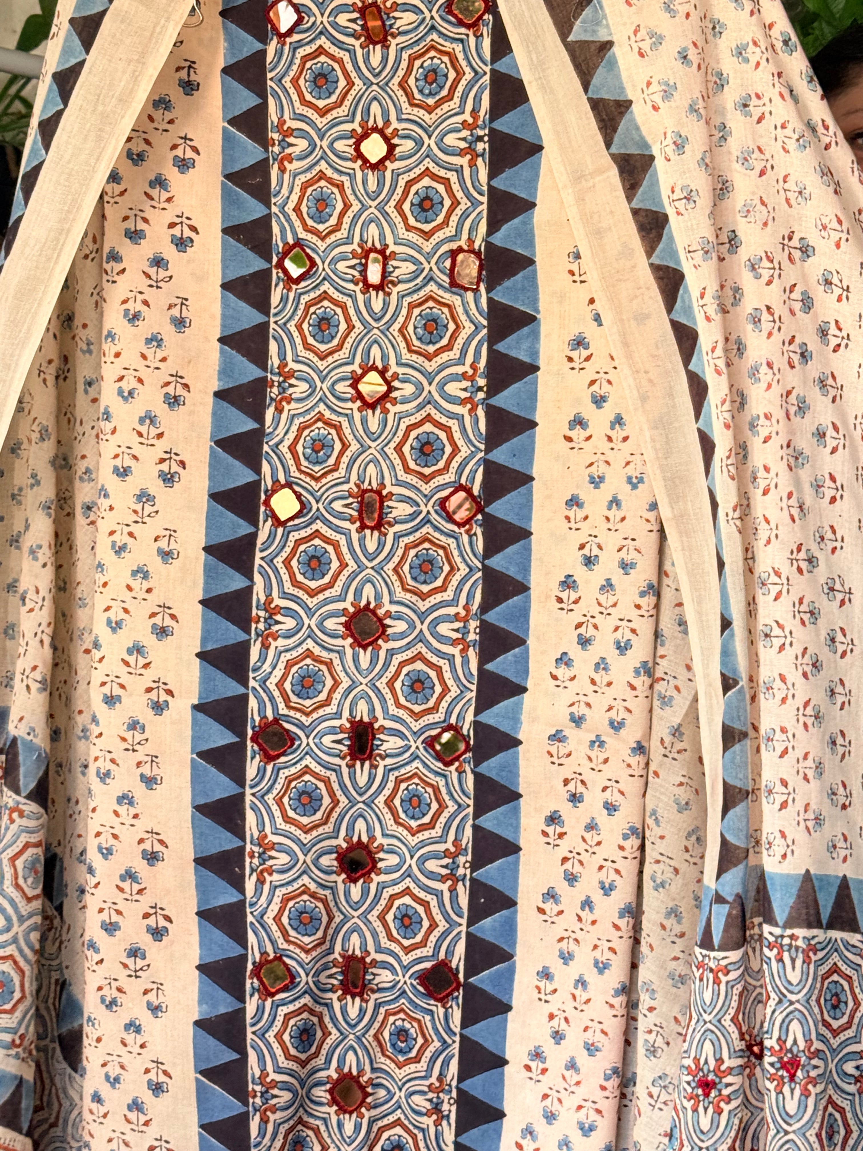 Pure cotton mirror work Ajrakh Cream
