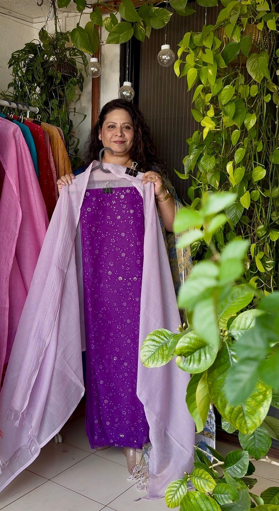 Pure mul chanderi sequins embroidered kurta with plain mul chanderi dupatta