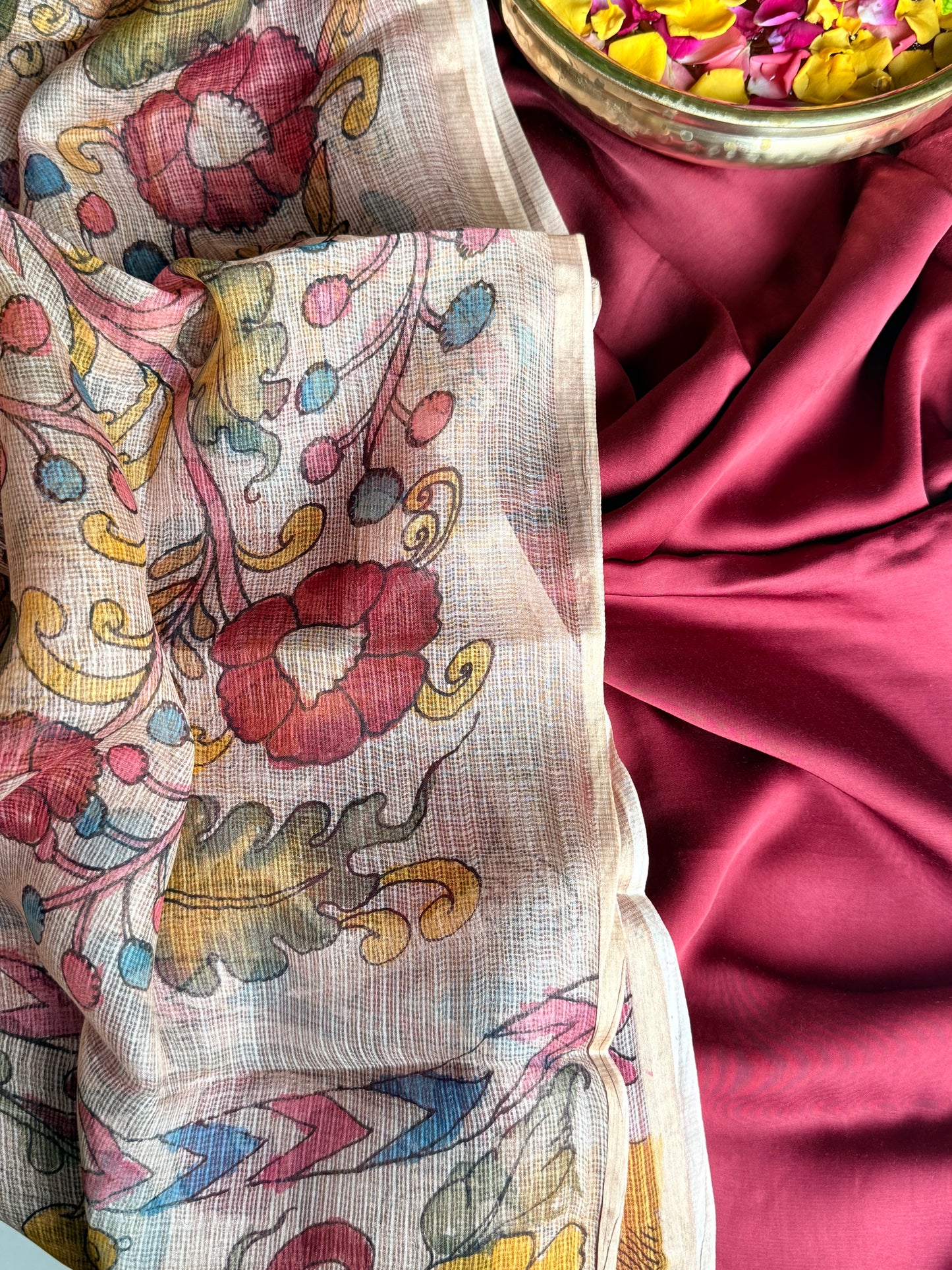 Gajji silk kurta with floral kalamkari dupatta