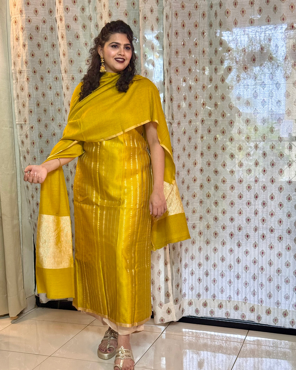 Mashru silk kurta with moonga silk dupatta golden mustard