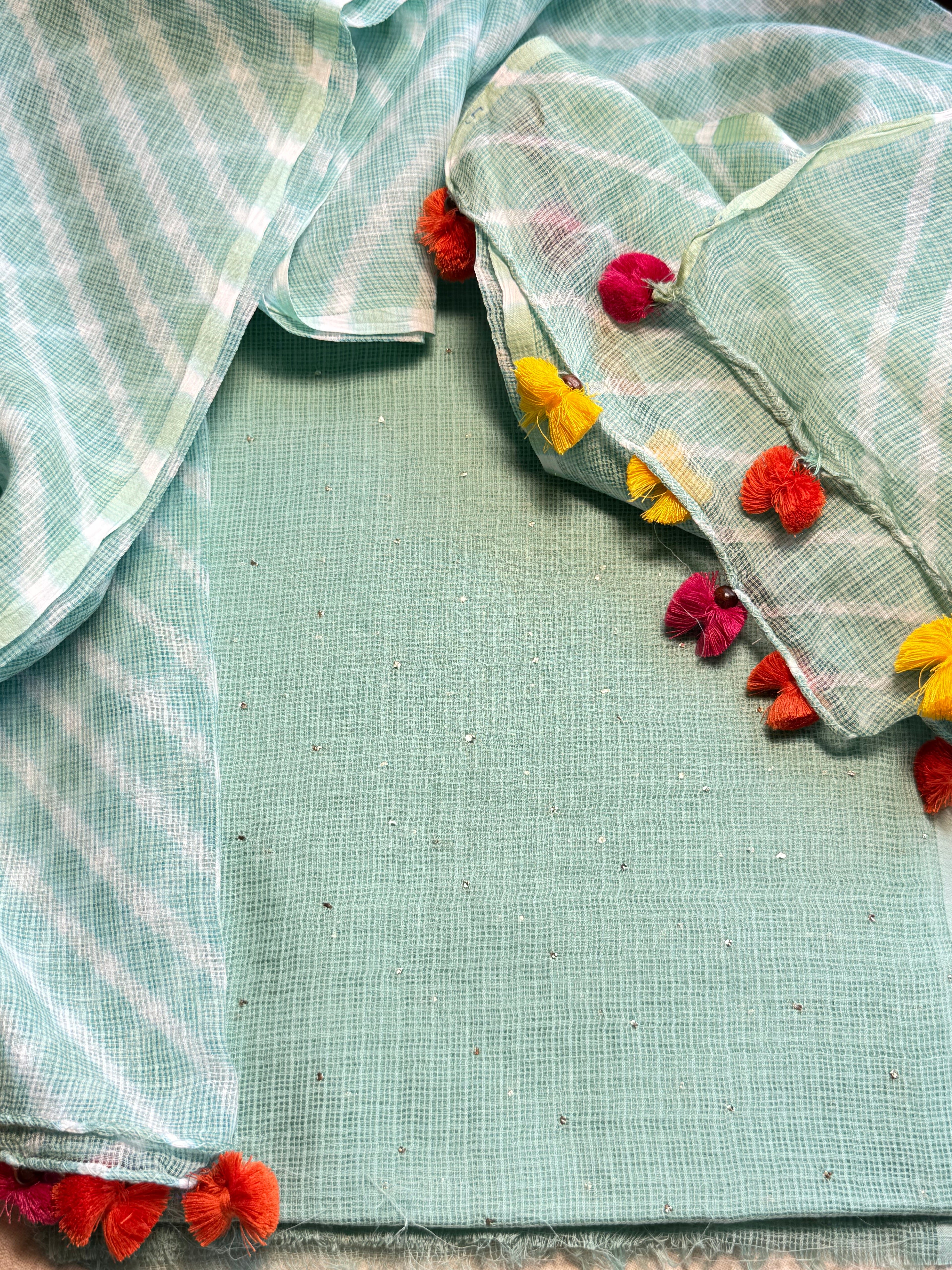 Pure kota mukaish work kurta with kota dupatta- Mint Green