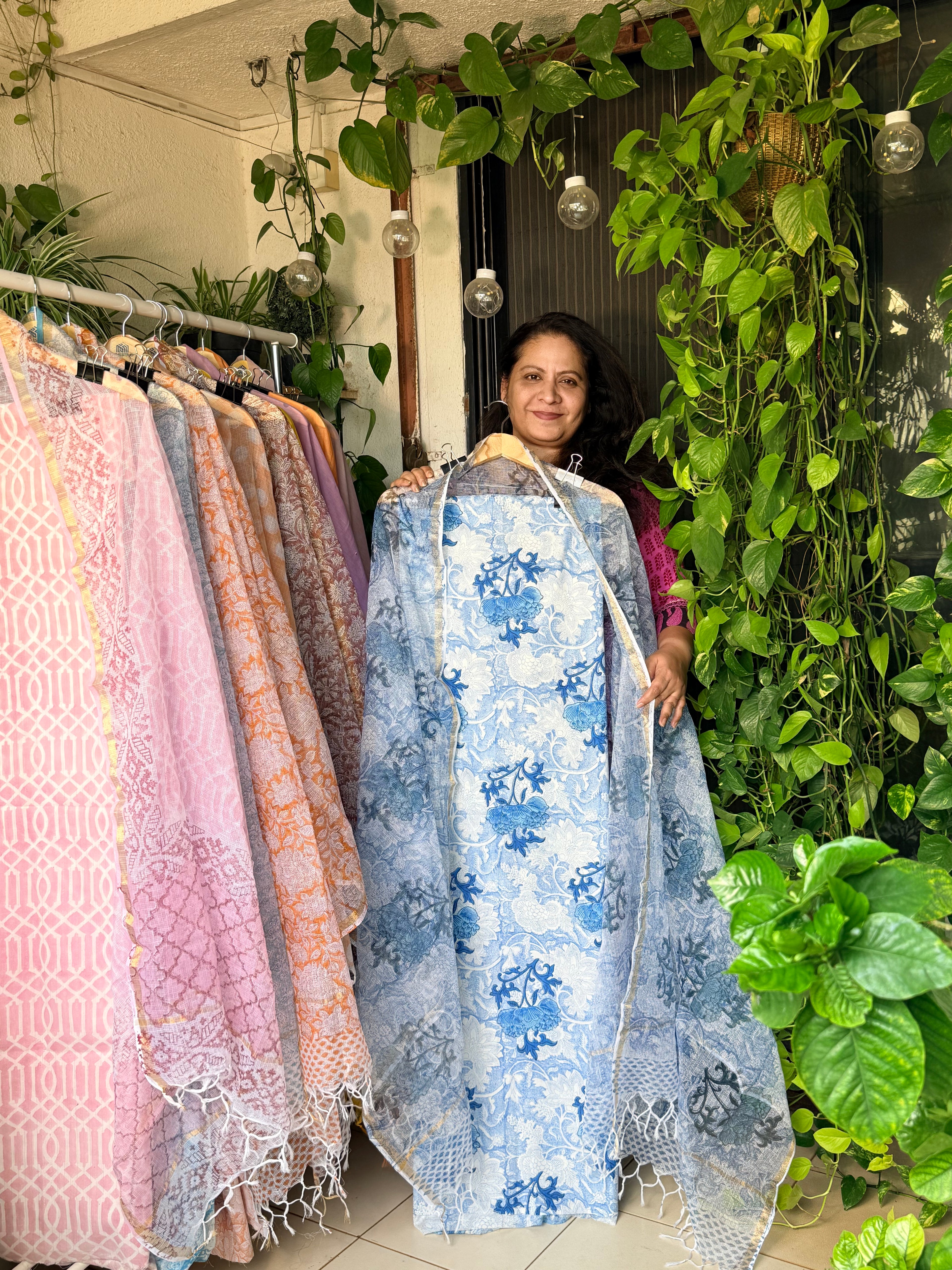 Dark Blue Floral- Pure Taj cotton kurta with kota dupatta