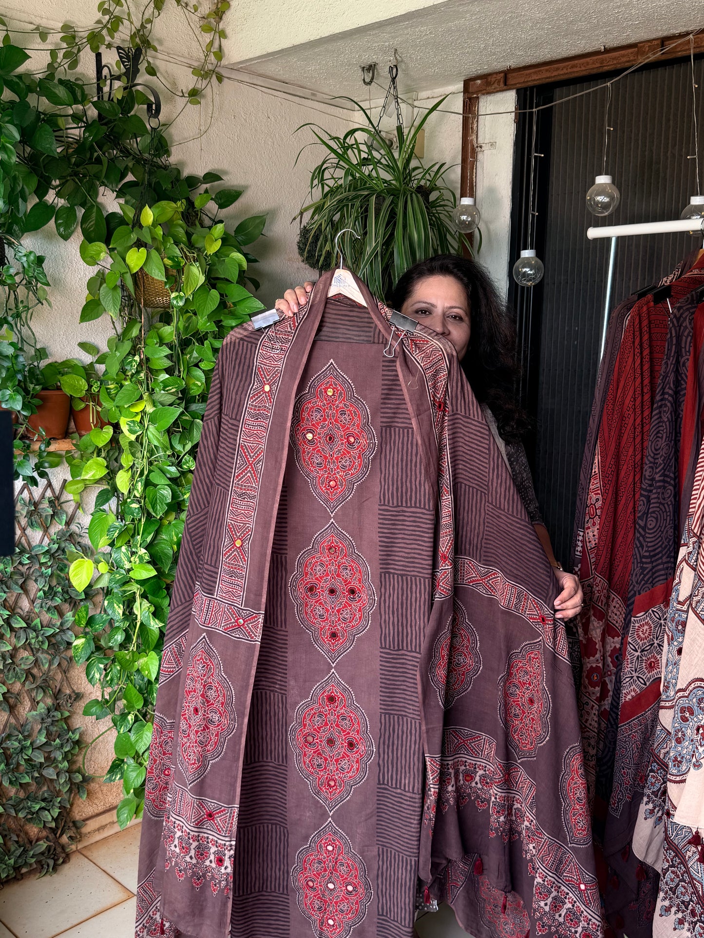 Pure cotton mirror work Ajrakh Brown