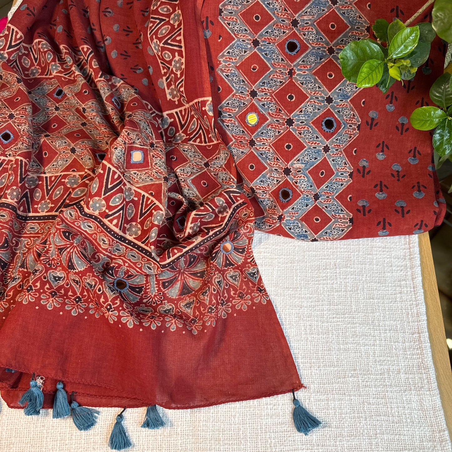 Pure cotton mirror work Ajrakh Red
