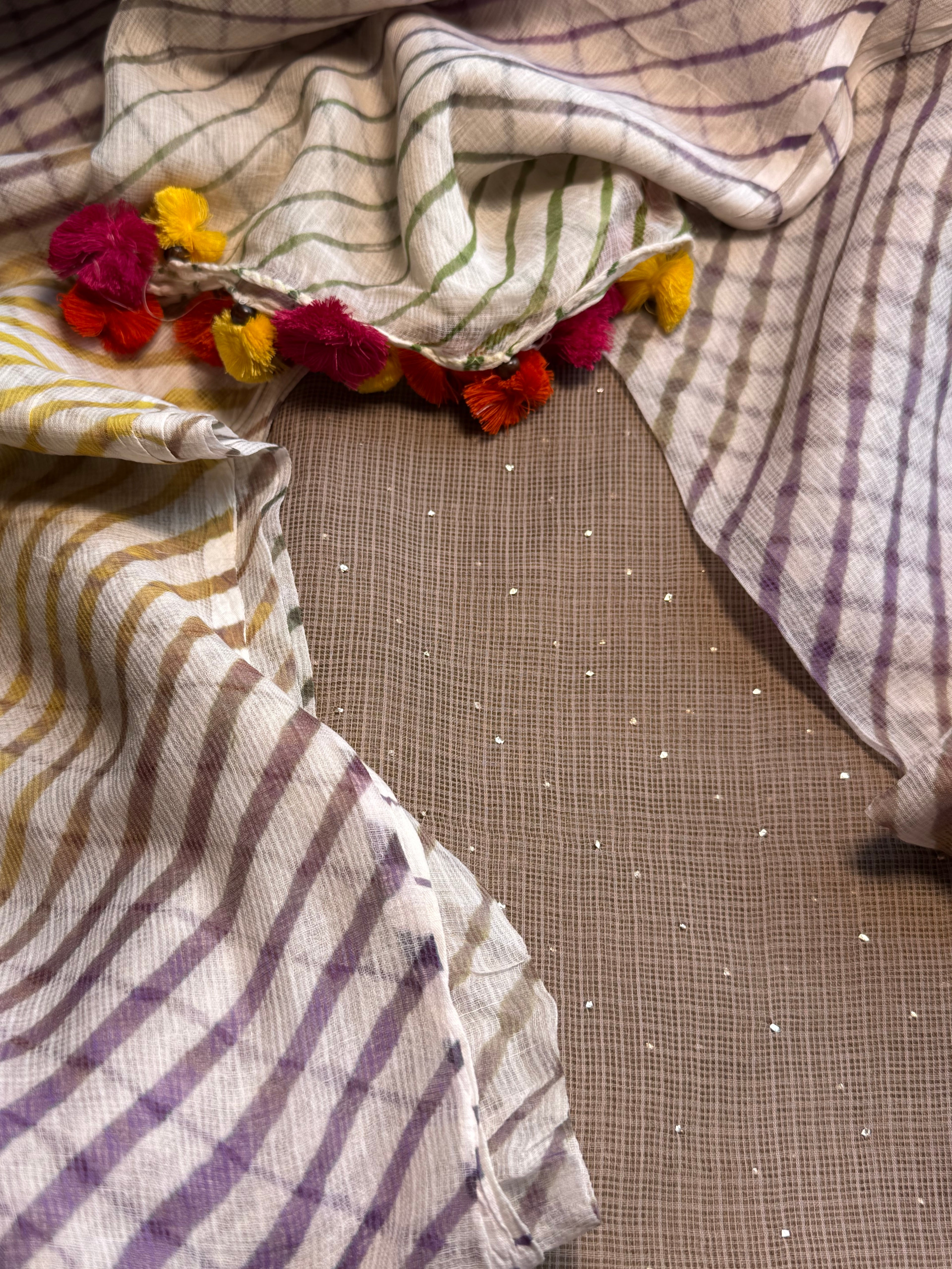 Pure kota Mukaish work kurta with kota dupatta- light cocoa