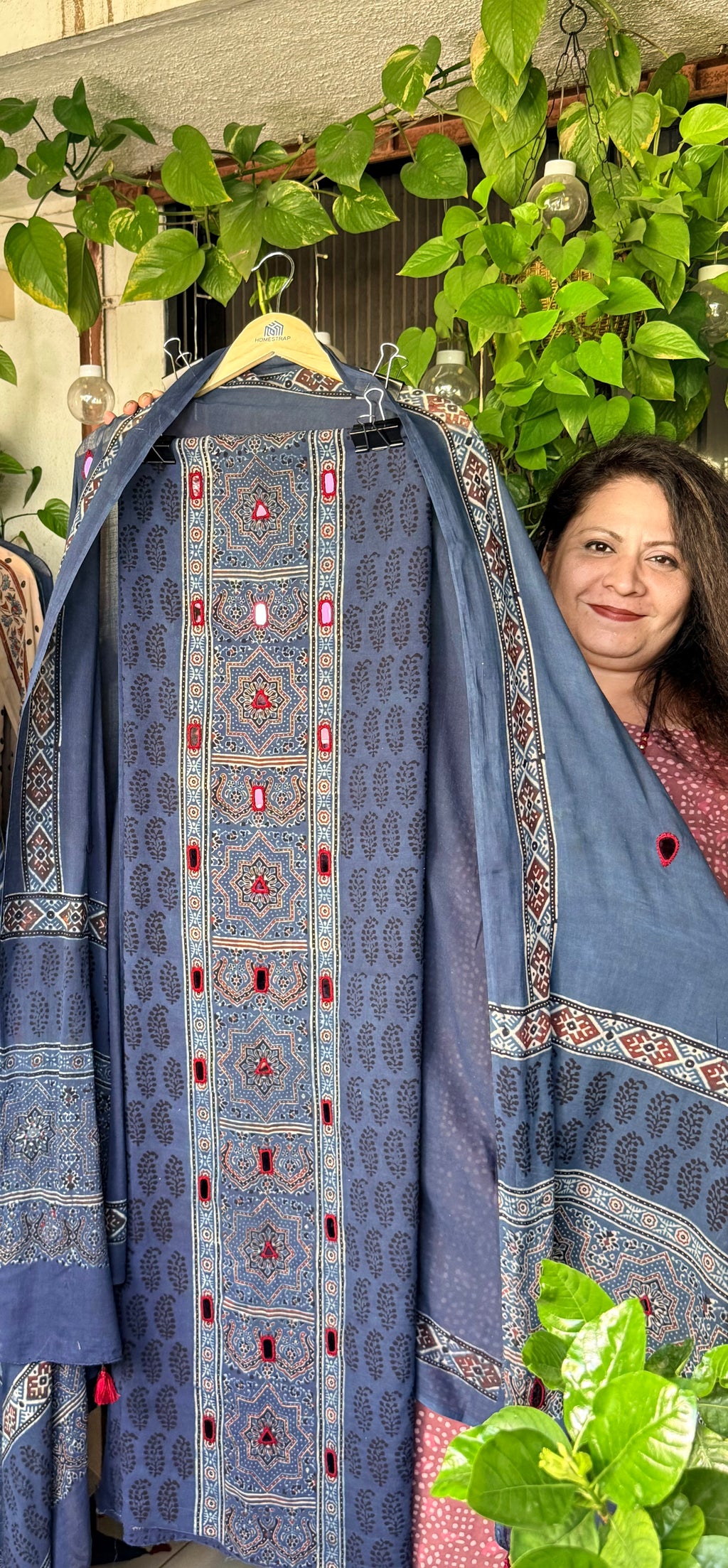 Pure cotton mirror work Ajrakh Indigo