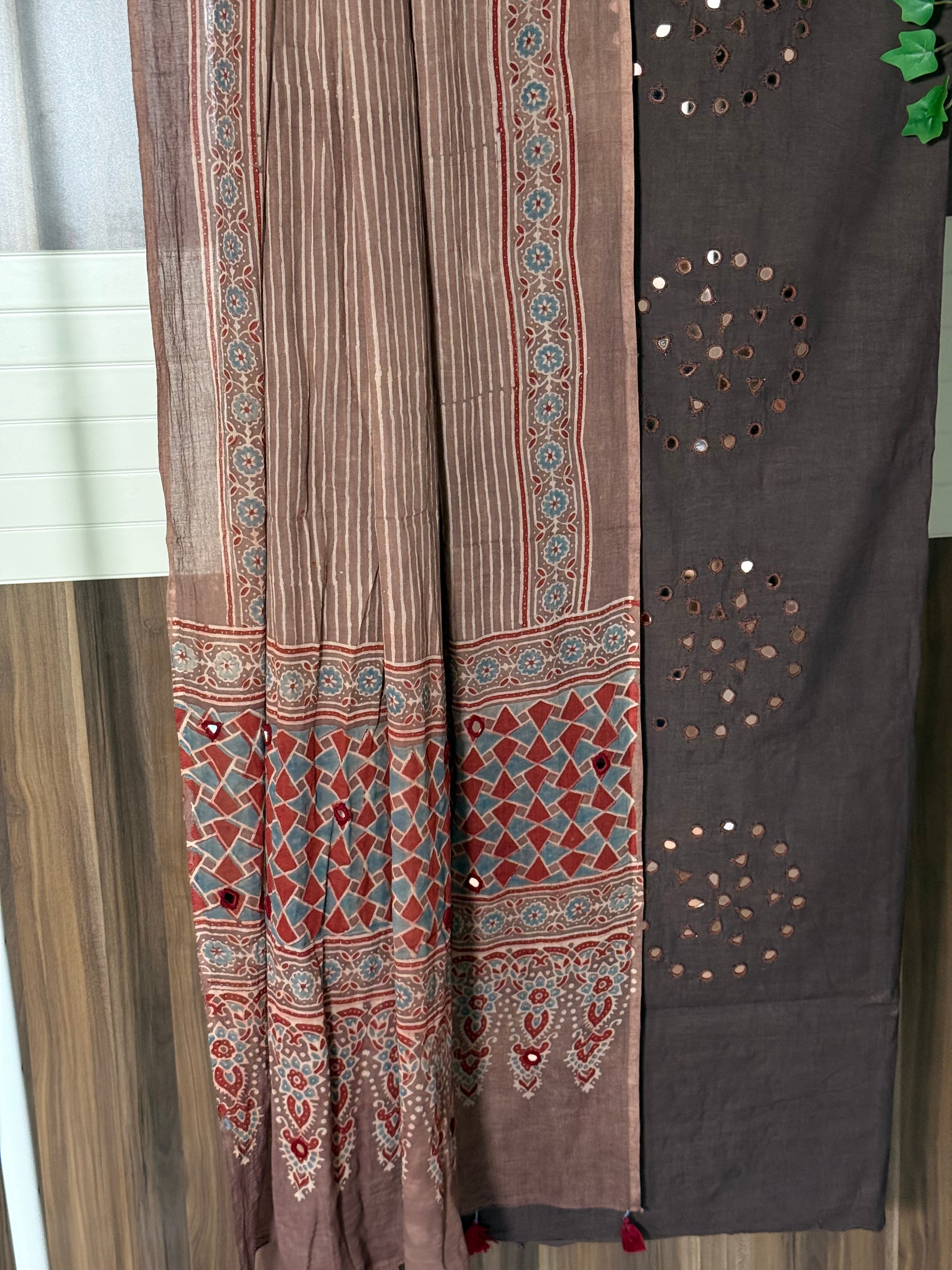 Ajrakh dark brown kurta and light brown dupatta