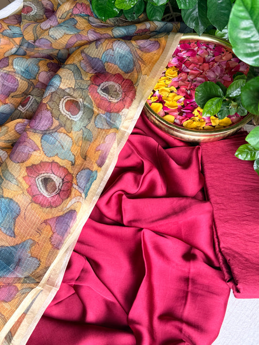 Gajji silk kurta with floral kalamkari dupatta