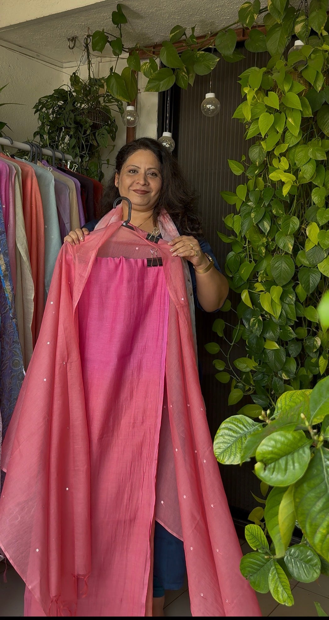 Pure mul chanderi silk kurta ( rangarej) with mul chanderi mirror work dupatta