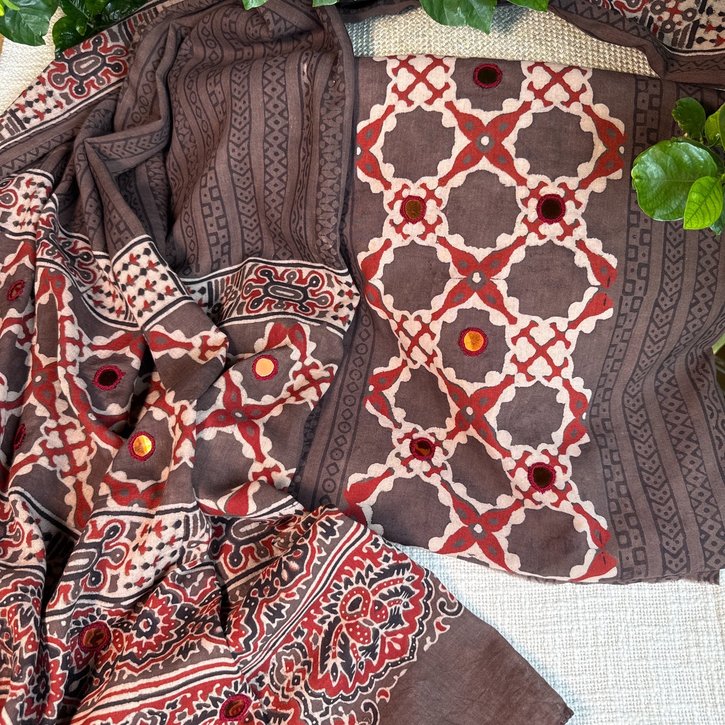 Pure cotton mirror work Ajrakh Brown