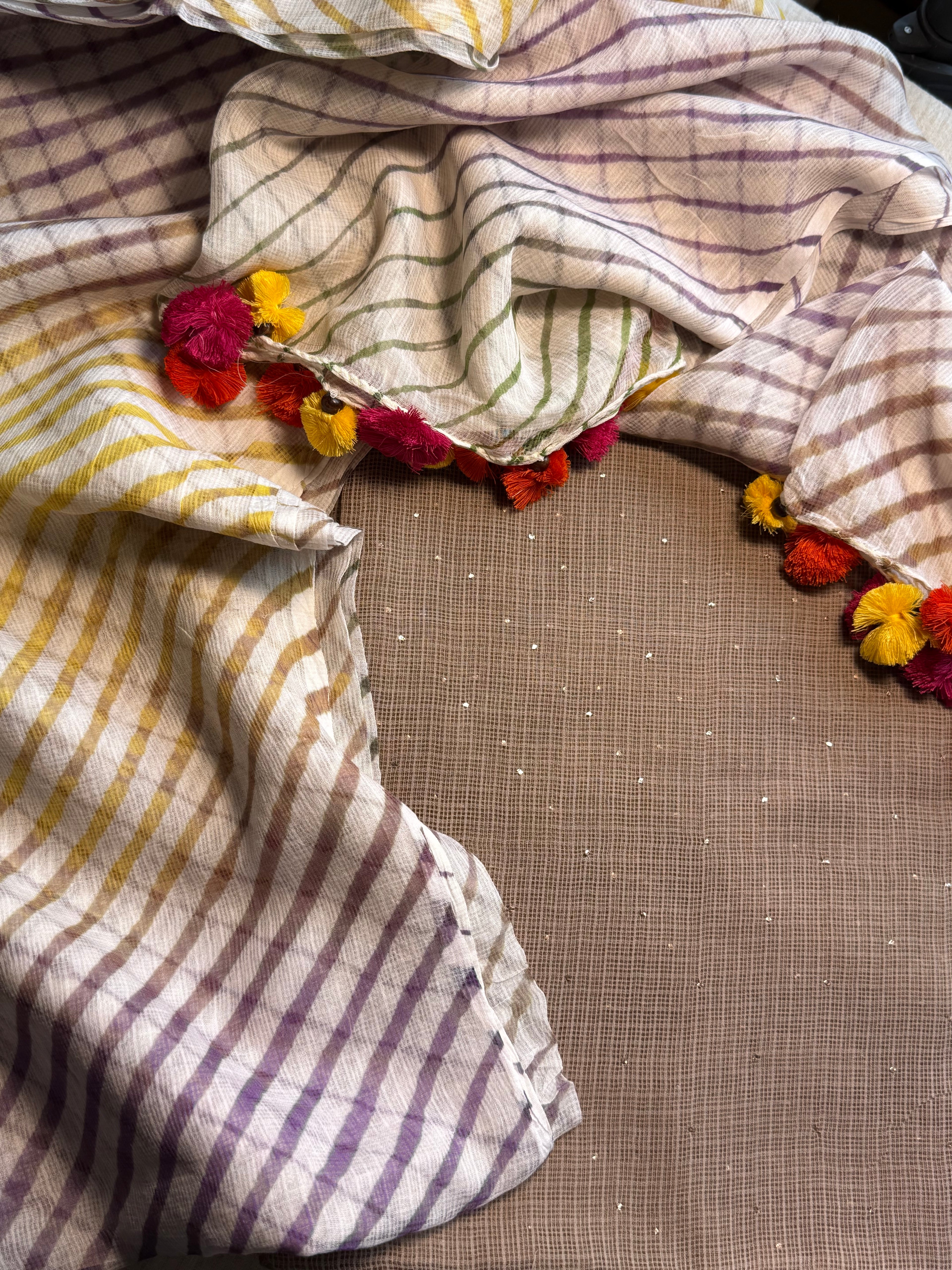 Pure kota Mukaish work kurta with kota dupatta- light cocoa