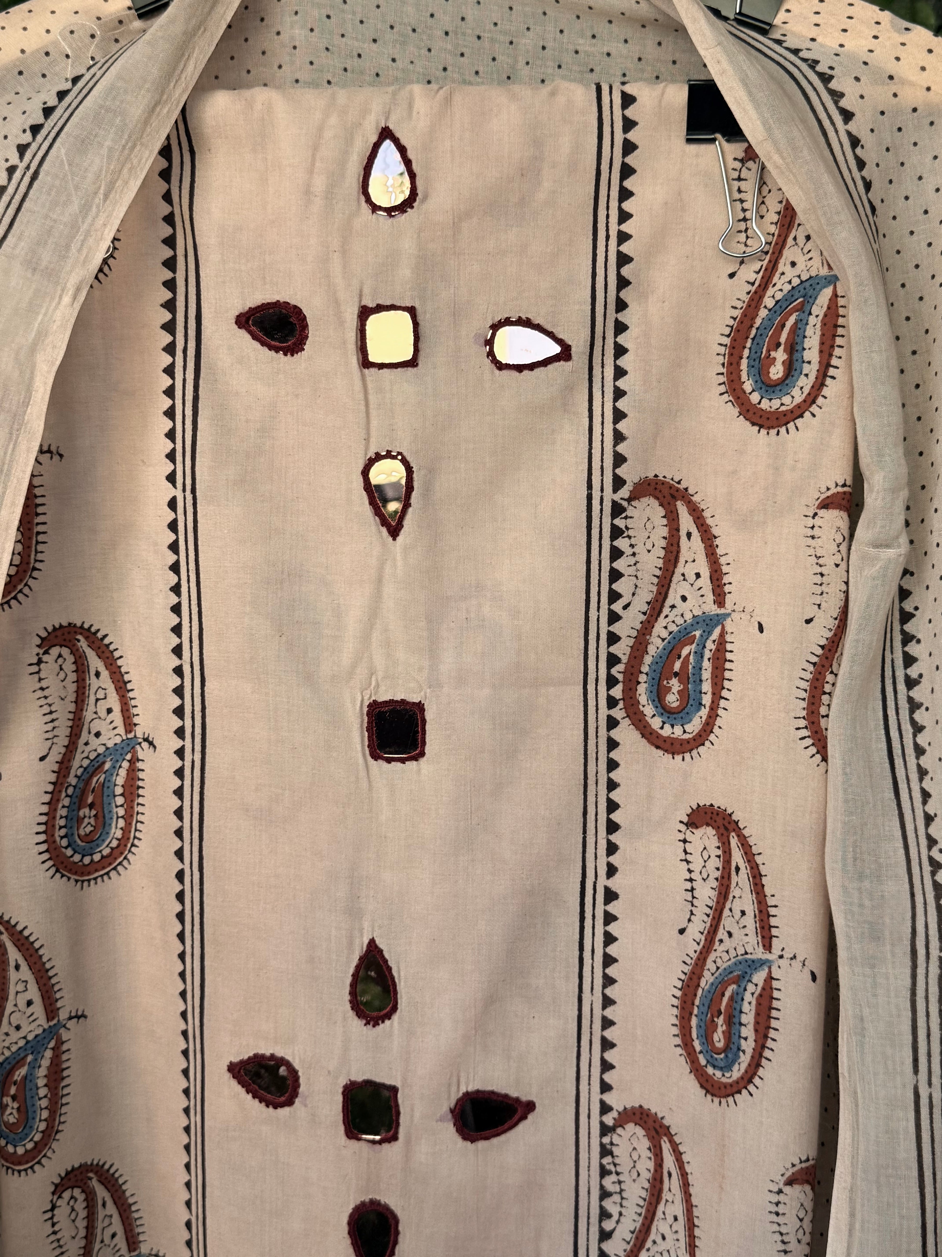 Pure cotton mirror work Ajrakh cream