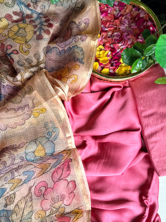 Gajji silk kurta with floral kalamkari dupatta