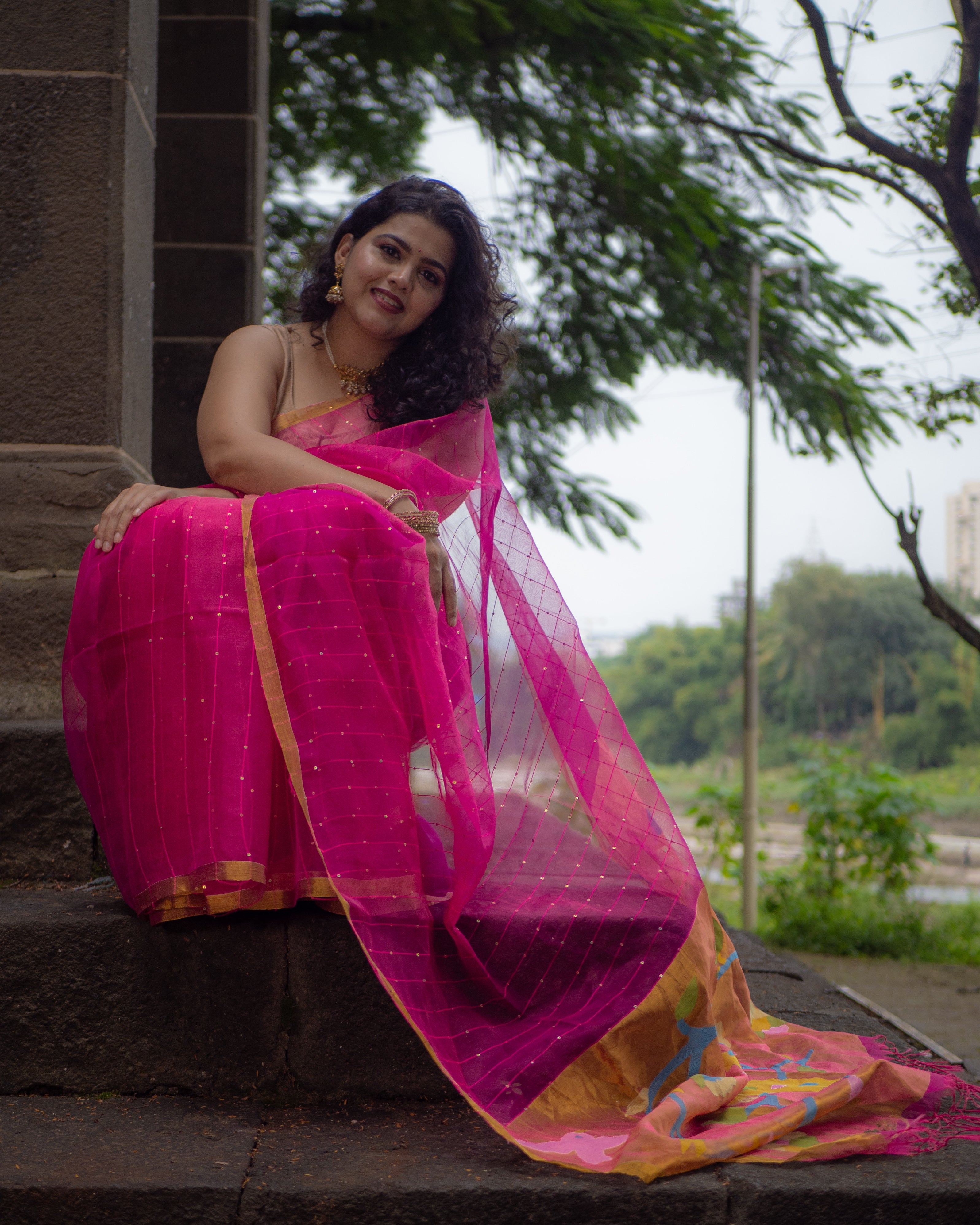 Pure Muslin silk saree pink