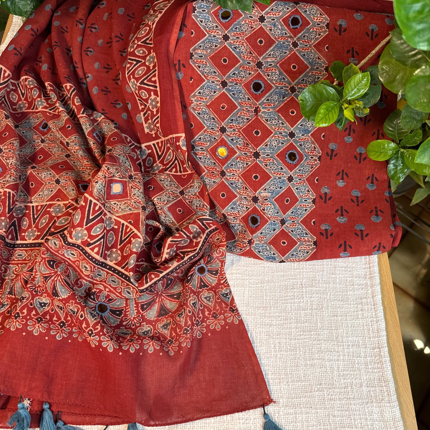 Pure cotton mirror work Ajrakh Red