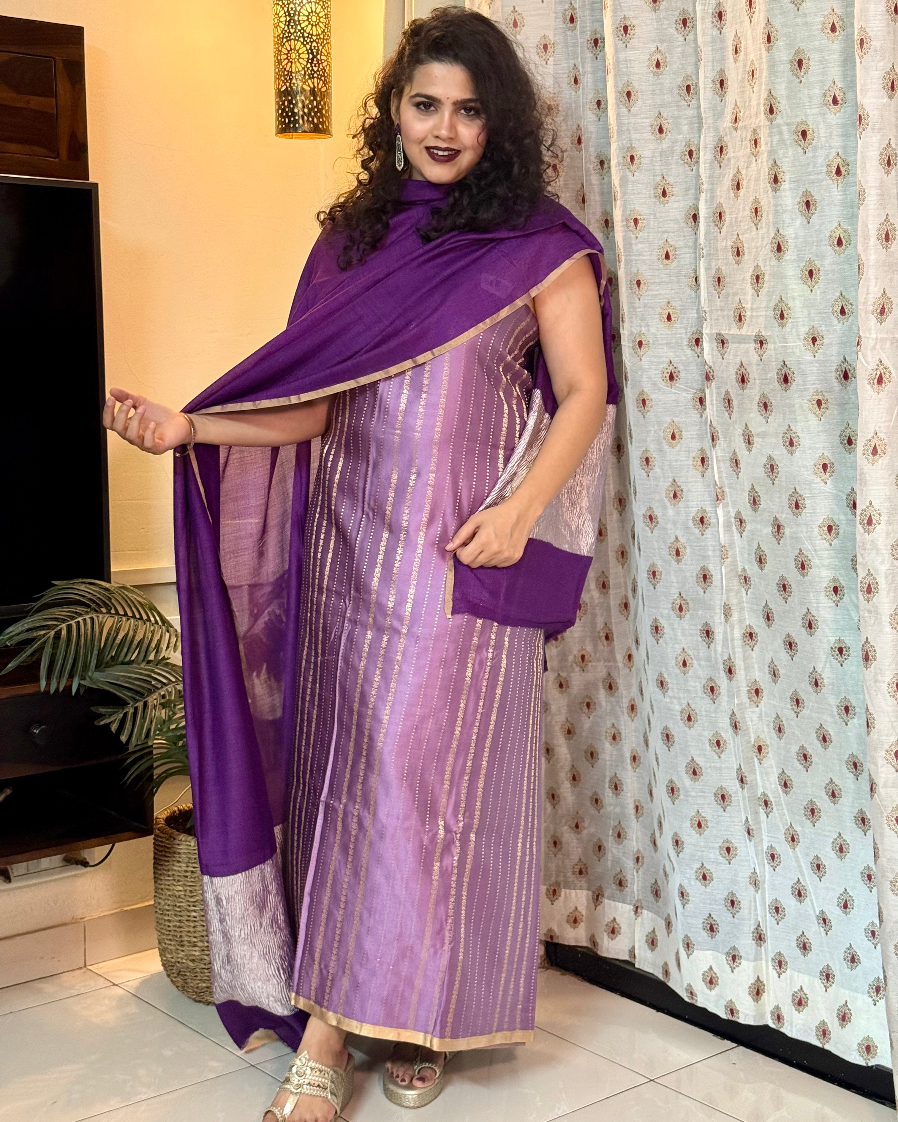 Mashru silk kurta with moonga silk dupatta light purple with dark purple
