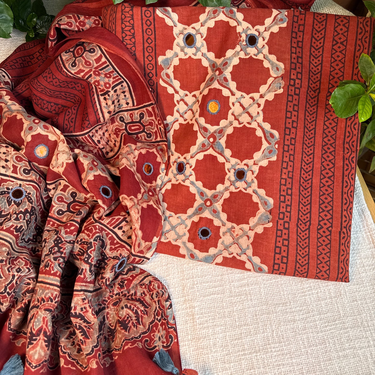 Pure cotton mirror work Ajrakh Red