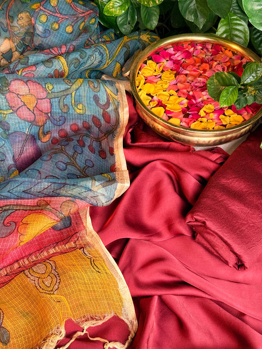 Gajji silk kurta with floral kalamkari dupatta