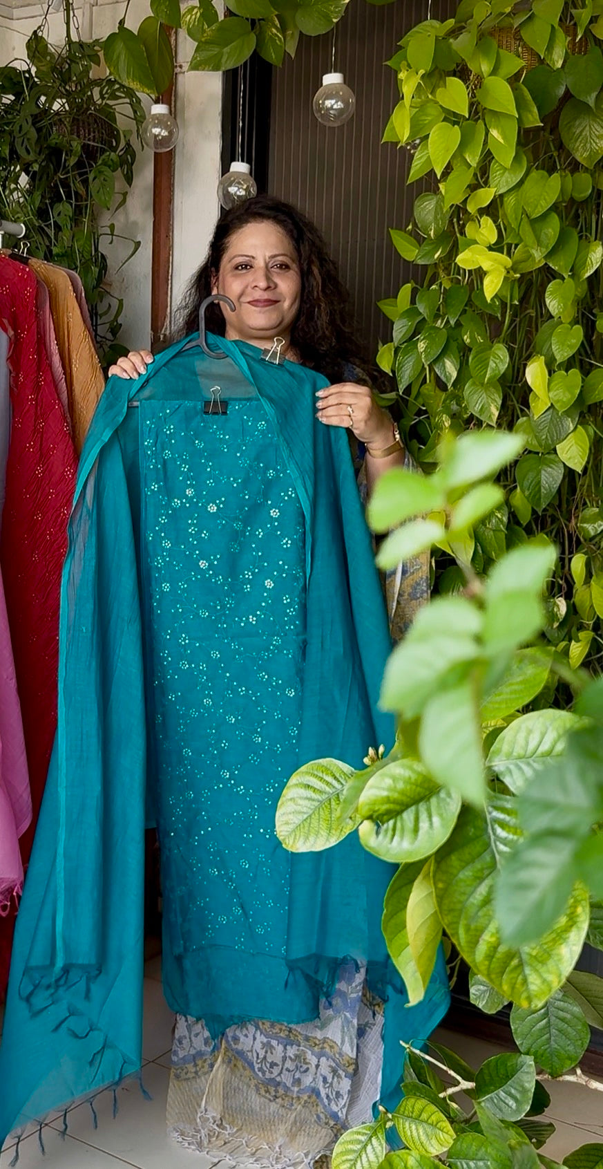 Pure mul chanderi sequins embroidered kurta with plain mul chanderi dupatta