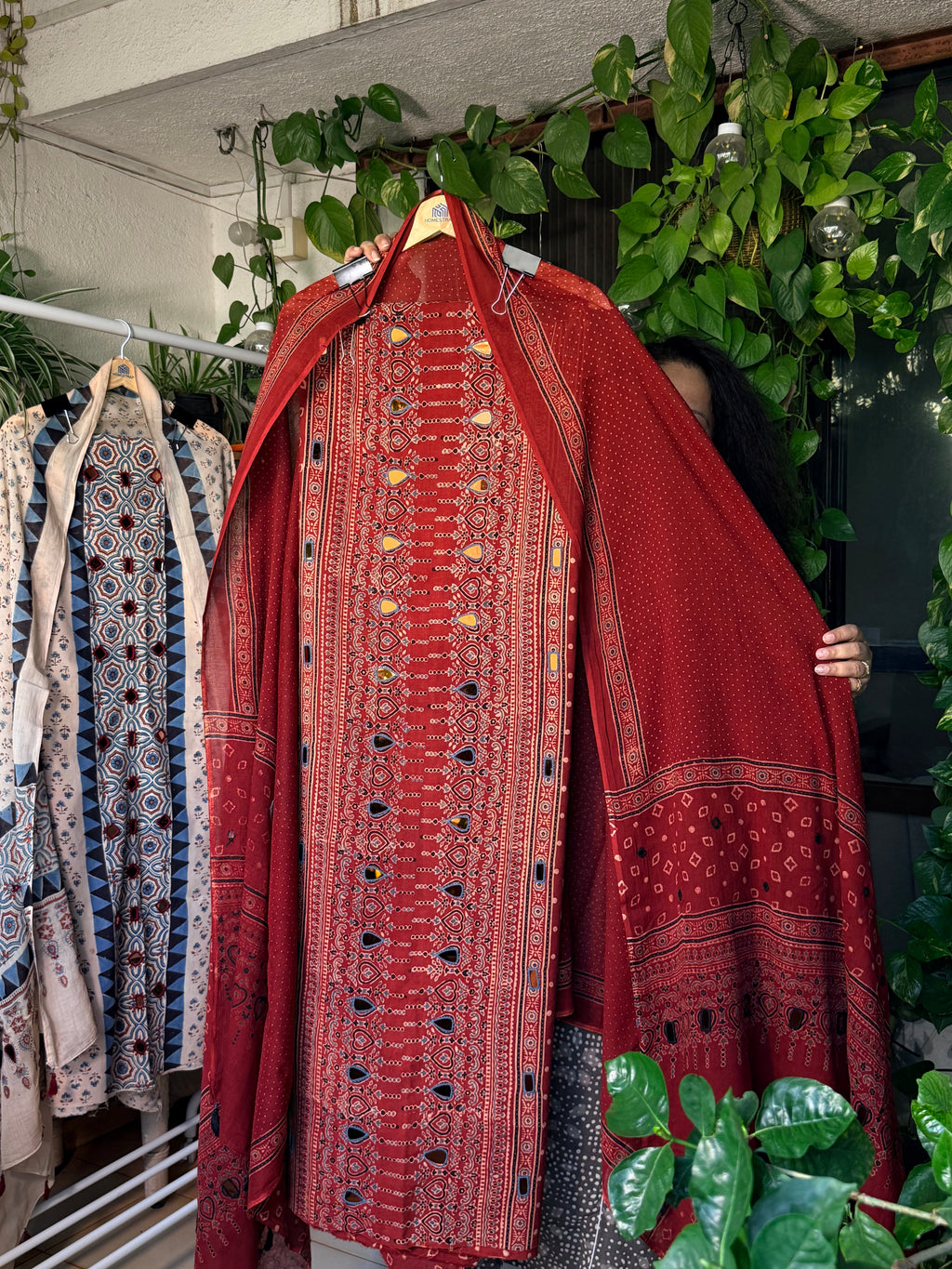 Pure cotton mirror work Ajrakh Red