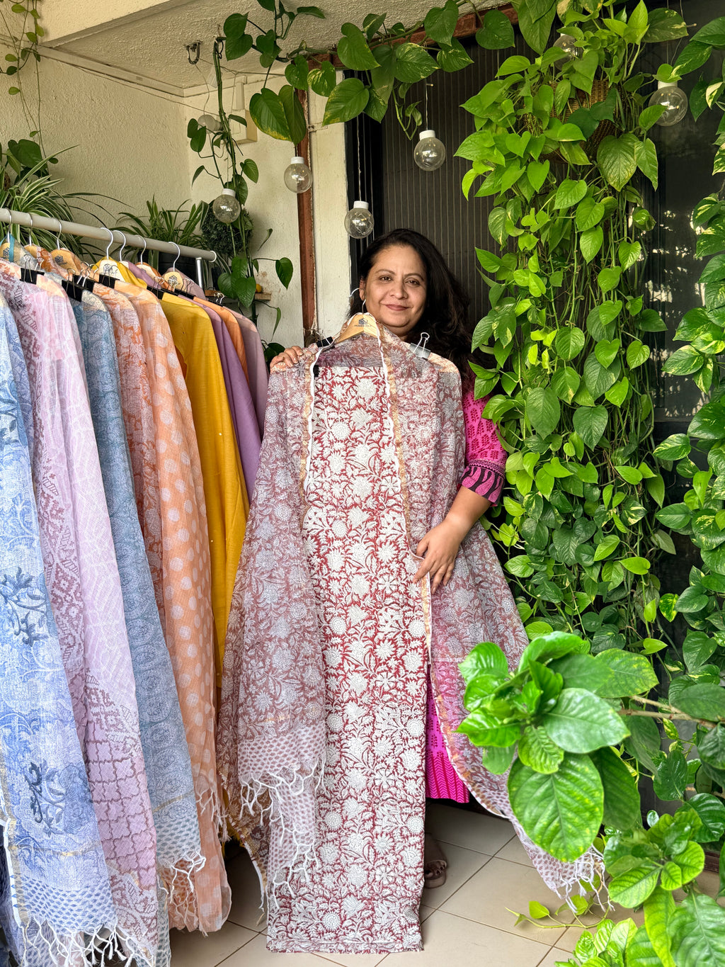Maroon Floral- Pure Taj cotton kurta with kota dupatta