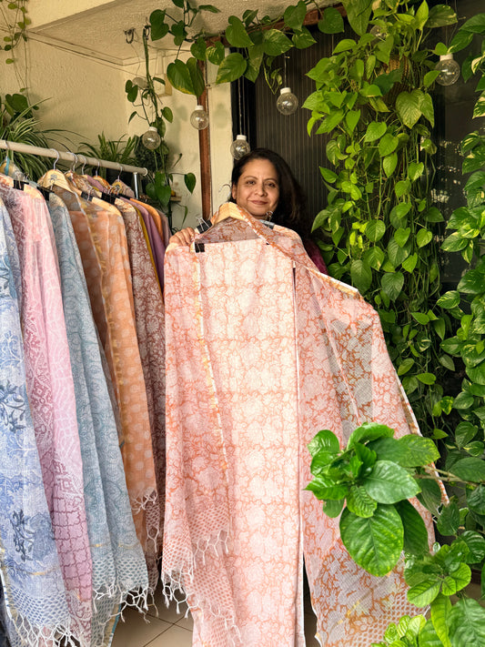 Orange Floral- Pure Taj cotton kurta with kota dupatta