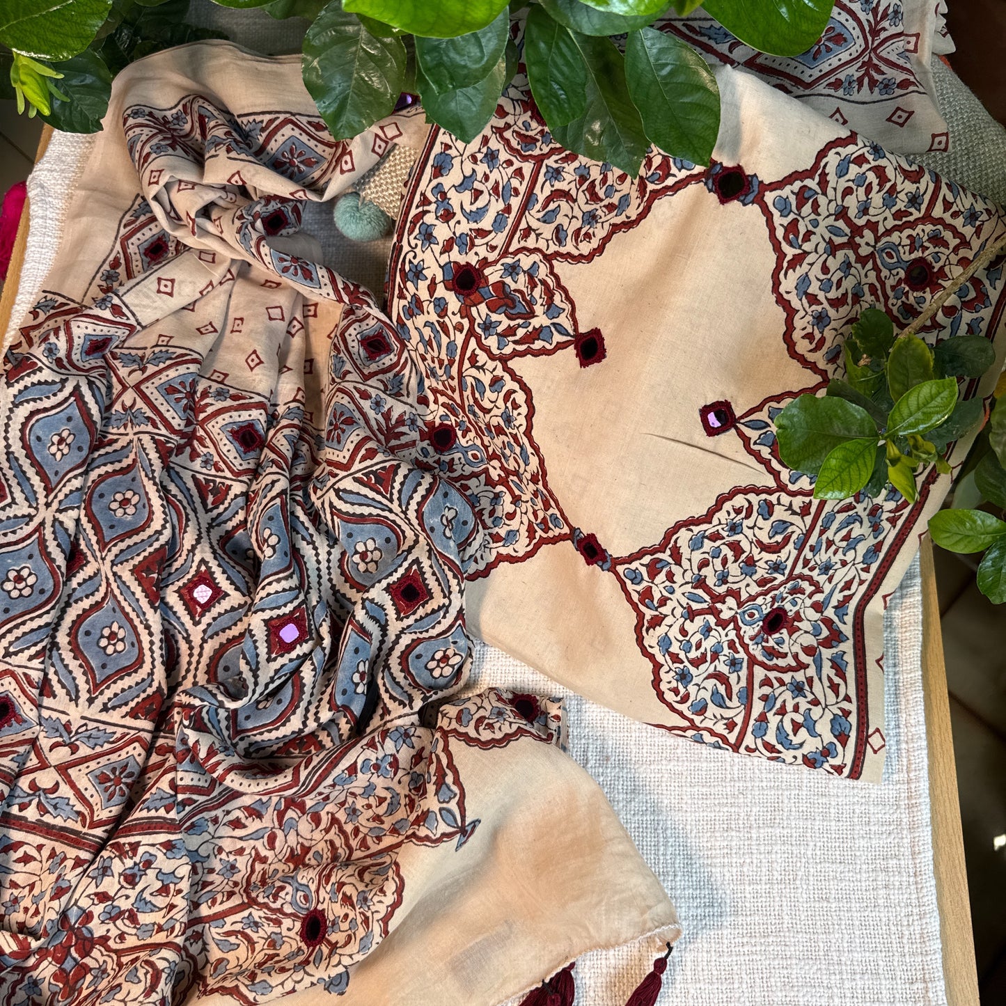Pure cotton mirror work Ajrakh Cream