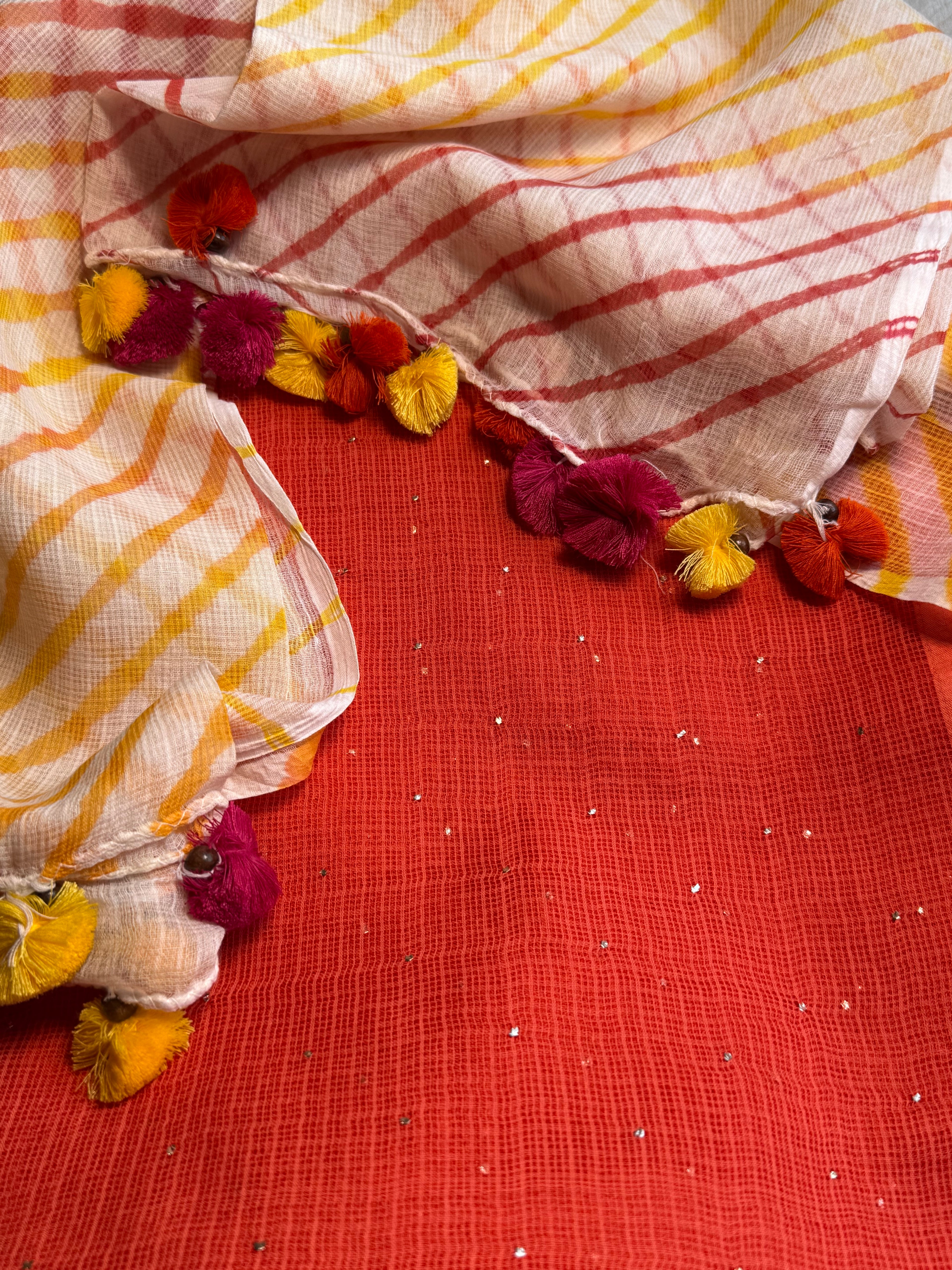 Pure kota Mukaish work kurta with kota dupatta- Fanta orange