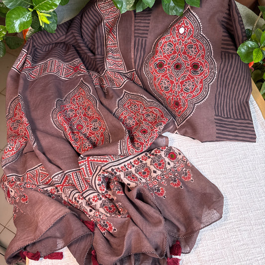 Pure cotton mirror work Ajrakh Brown