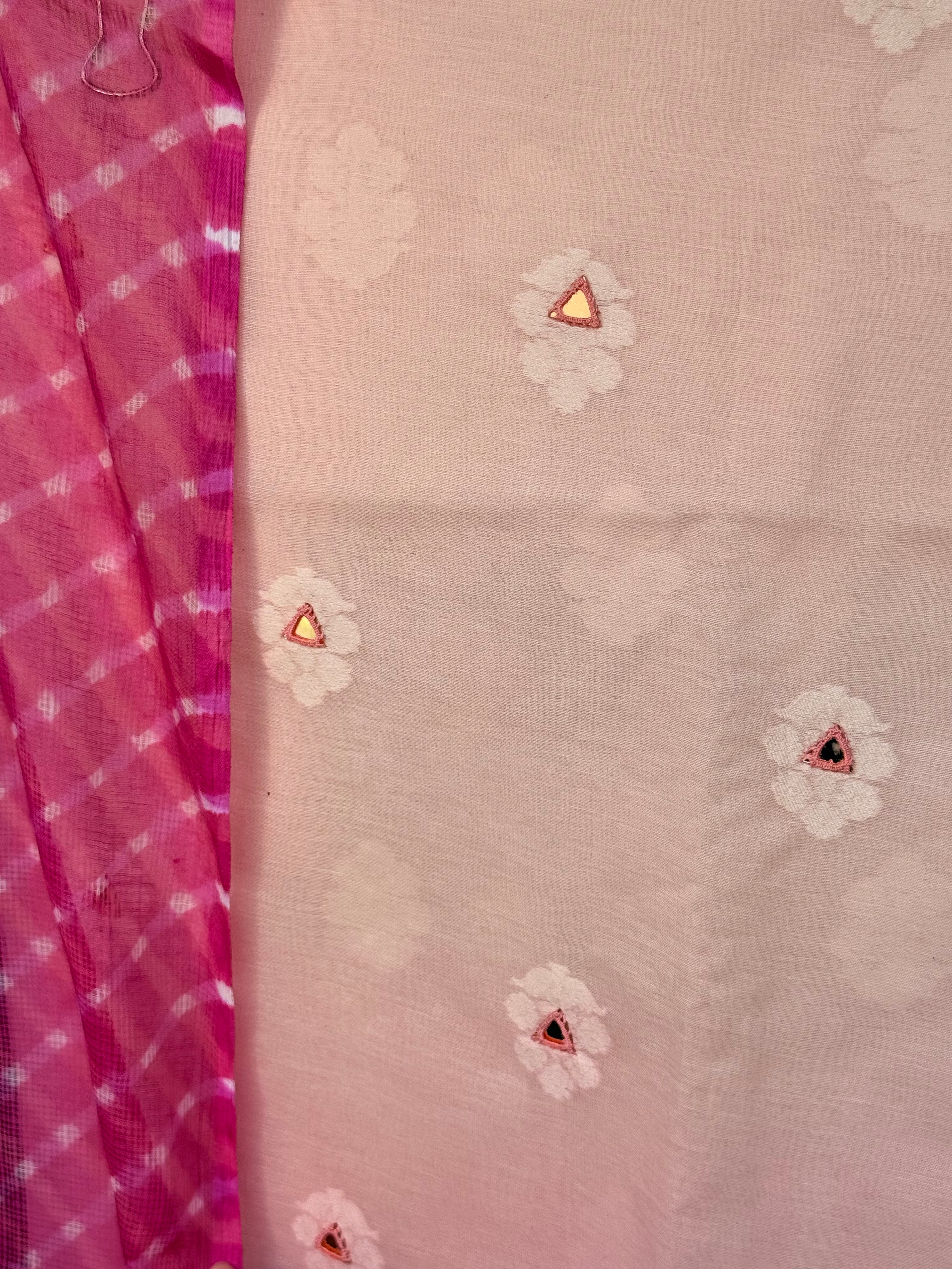 JacquardChanderi mirror work kurta with lehriya dupatta