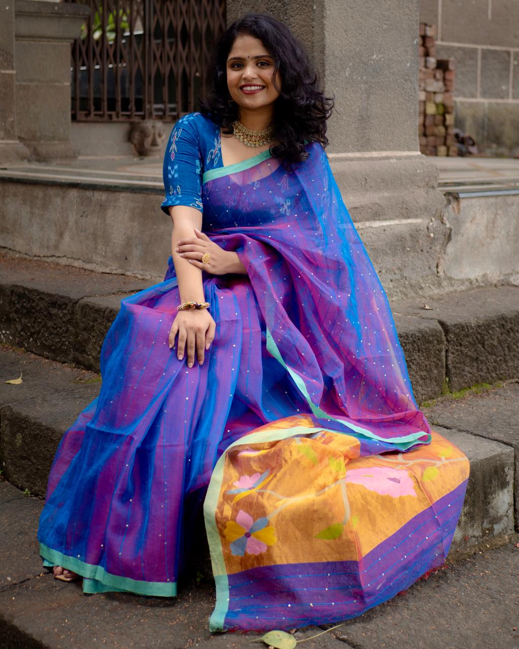 Pure Muslin silk saree blue