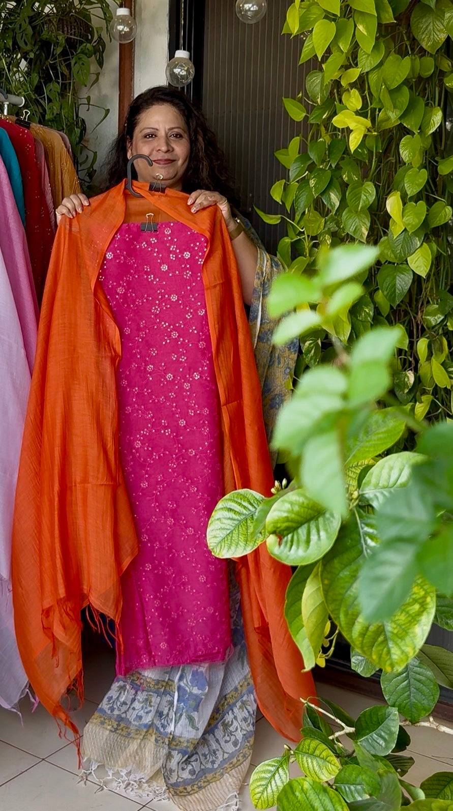 Pure mul chanderi sequins embroidered kurta with plain mul chanderi dupatta