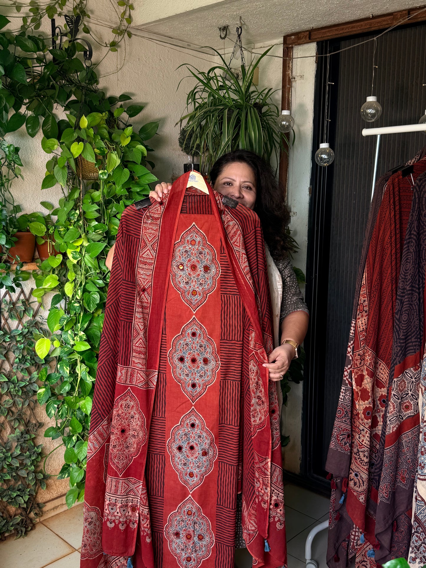 Pure cotton mirror work Ajrakh Red