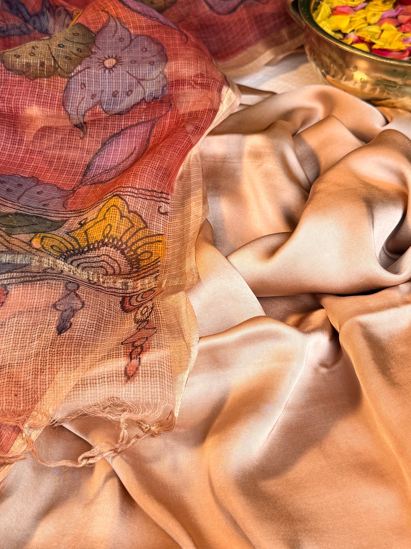 Gajji silk kurta with floral kalamkari dupatta
