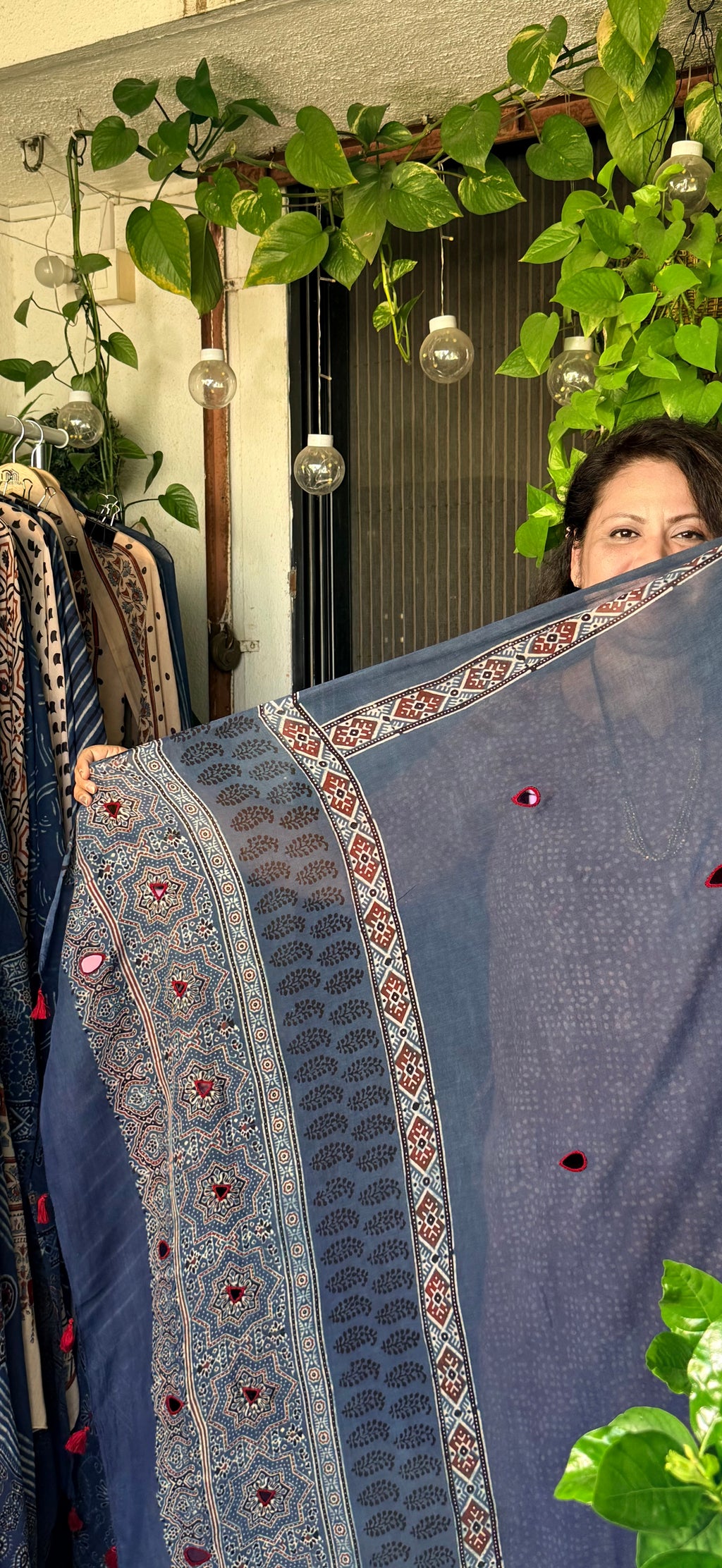 Pure cotton mirror work Ajrakh Indigo