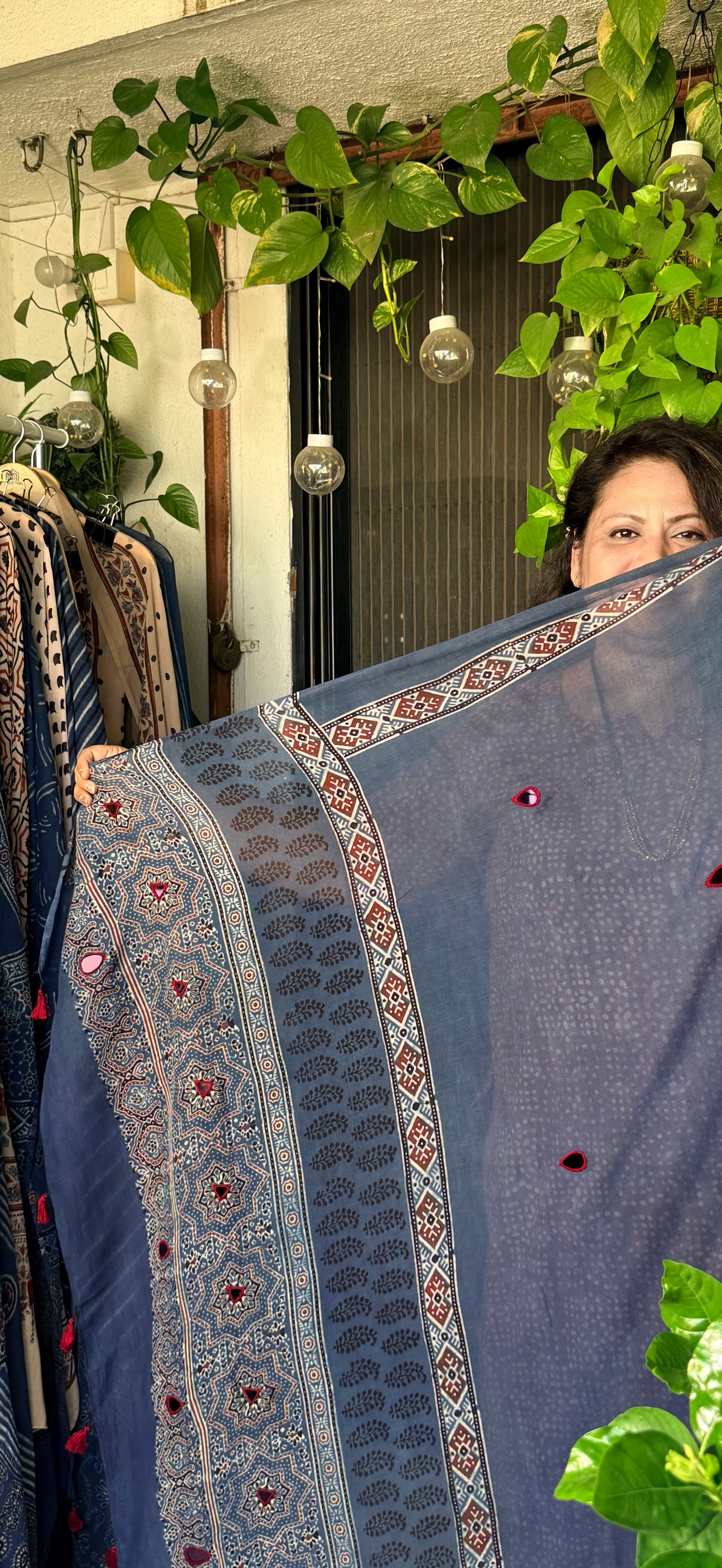 Pure cotton mirror work Ajrakh Indigo