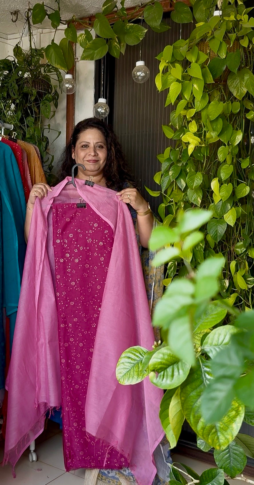 Pure mul chanderi sequins embroidered kurta with plain mul chanderi dupatta