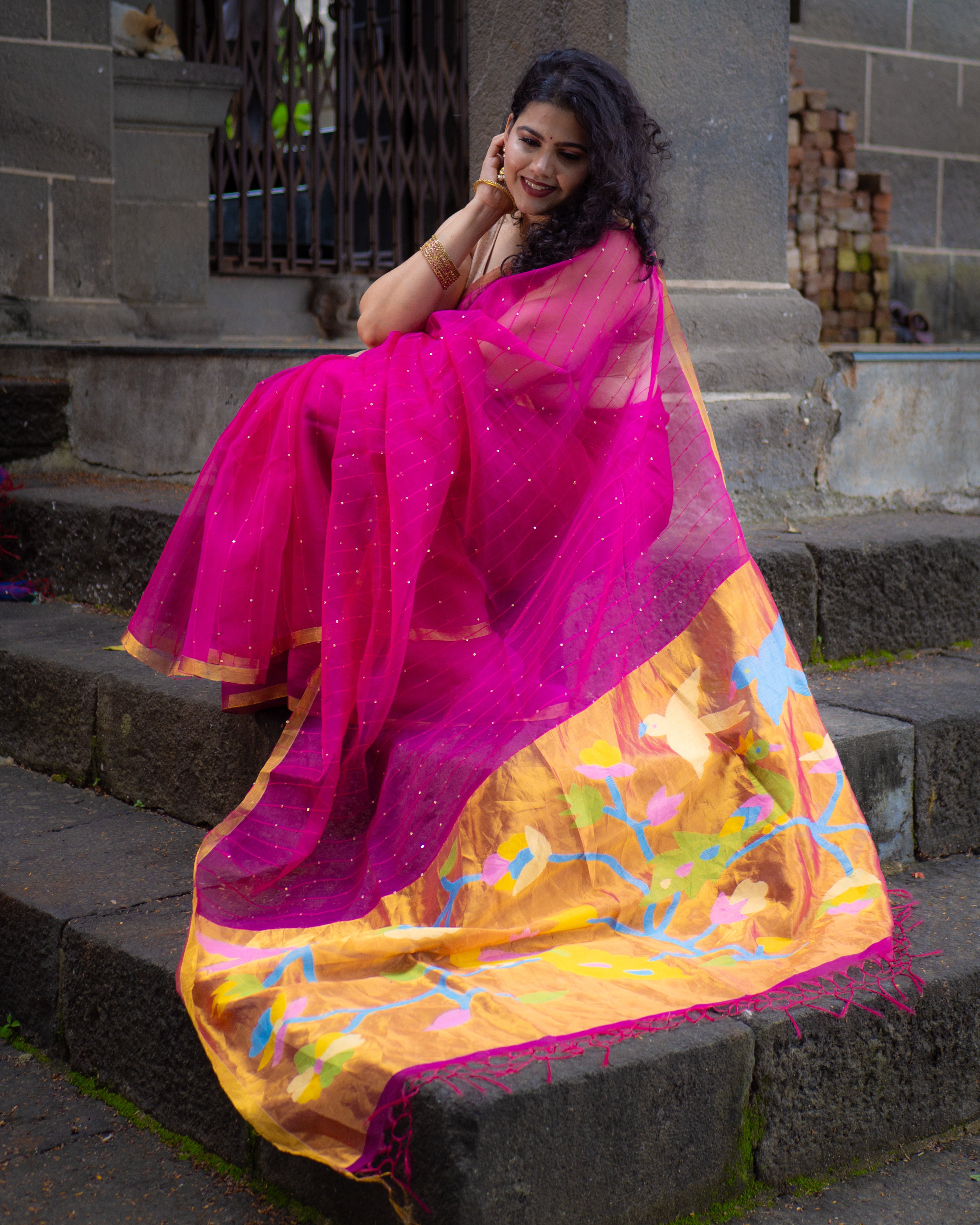 Pure Muslin silk saree pink
