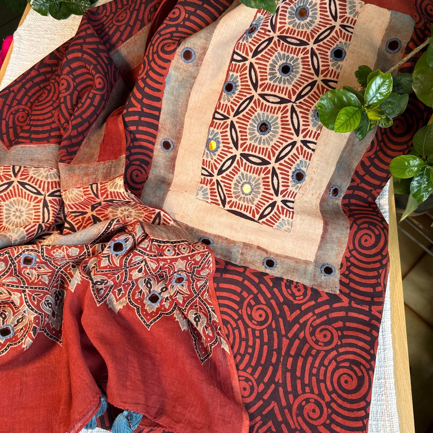 Pure cotton mirror work Ajrakh Red