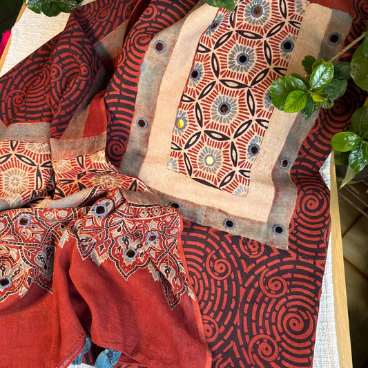 Pure cotton mirror work Ajrakh Red